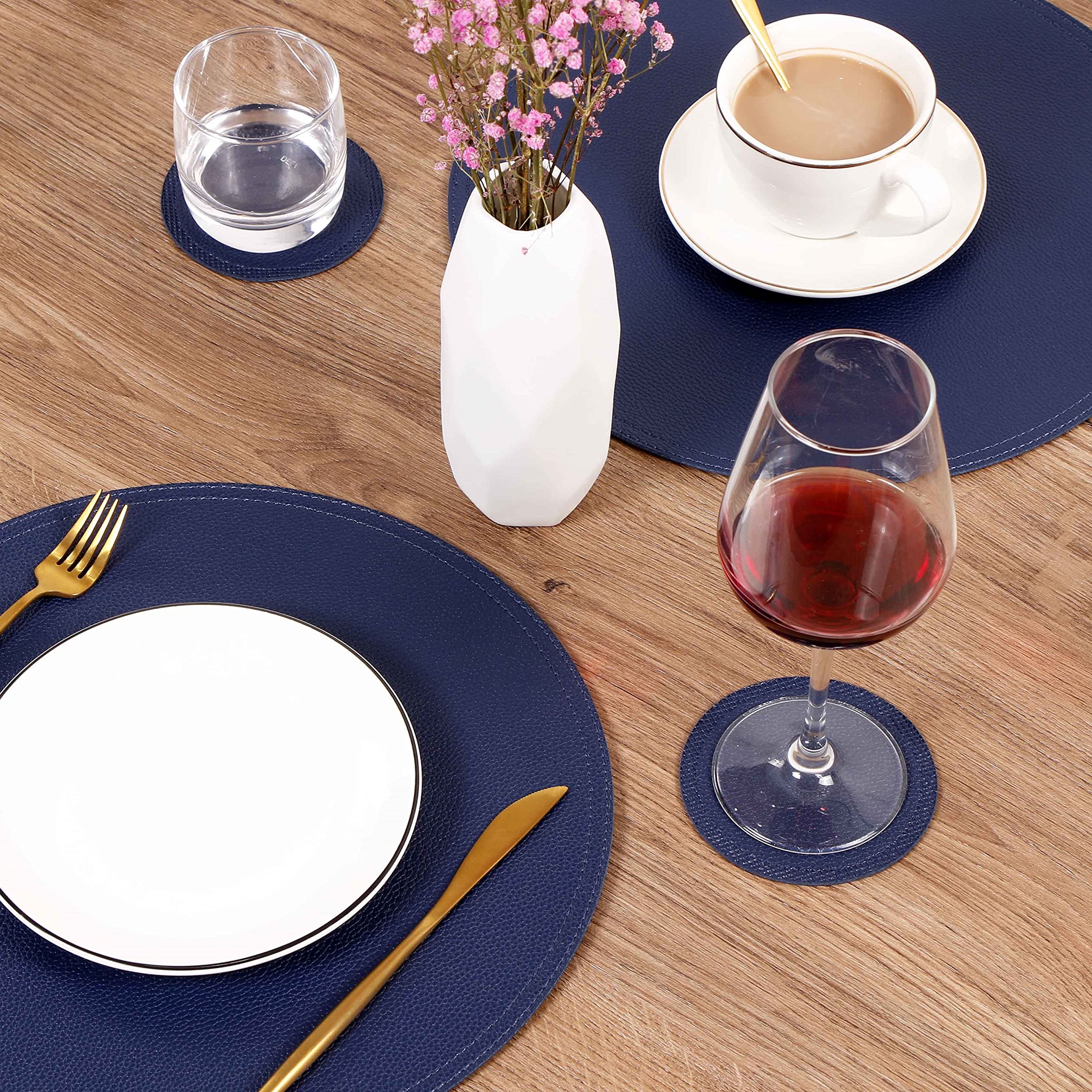 6-Pack Waterproof Faux Leather Round Placemats and Coasters Set - Easy Clean Kitchen Table Mats for Dining Room, Coffee Bar & Home Decor - Perfect for Everyday Use, Dinner Parties & Entertaining