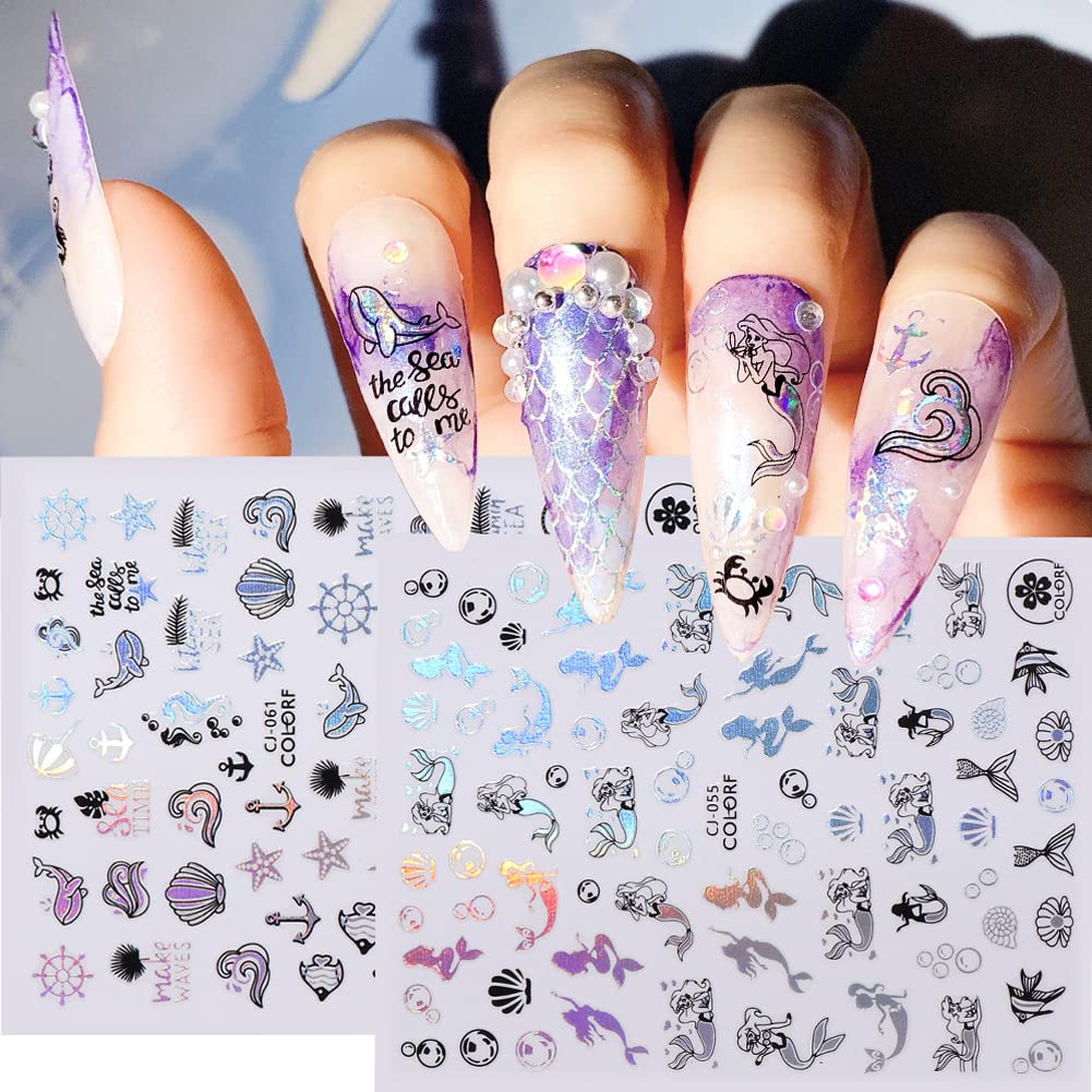 9 Sheets Summer Nail Art Stickers - 3D Self-Adhesive Bronzing Laser Decals with Beach Leaves, Coconut Trees & Ocean Animals for DIY Manicure - Perfect for Summer Vacation, Pool Parties & Mermaid-Themed Nail Designs