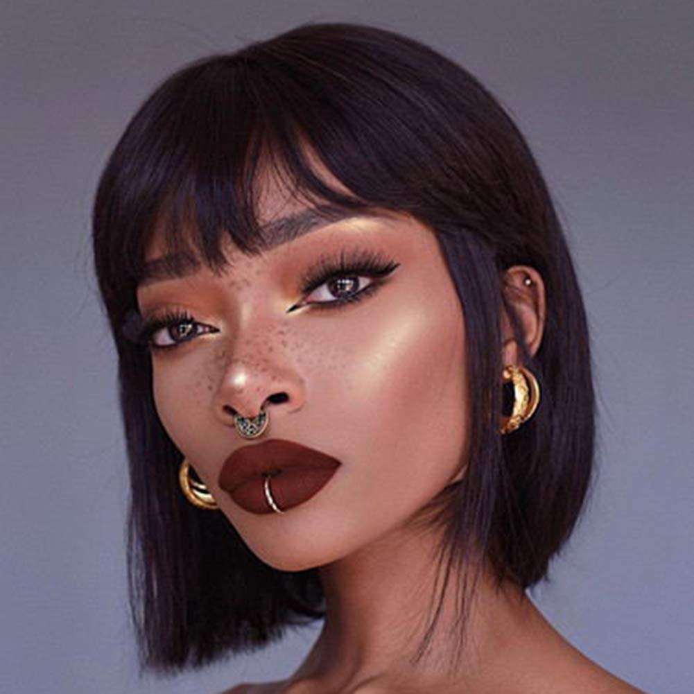 Akkya Black Bob Wigs with Bangs - Short Straight Synthetic Hair Wig for Black Women | Perfect for Party, Costume & Cosplay (12inch, Black) | Great for Halloween, Cosplay Events & Themed Parties