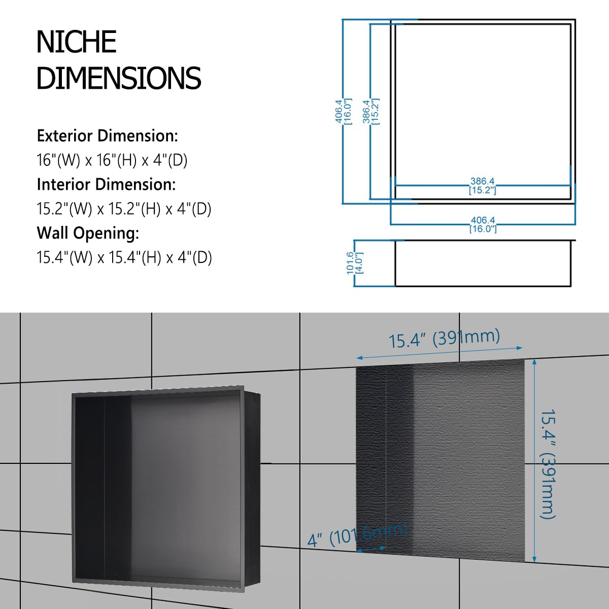 Luckyhorse 16x16 Inch Black Stainless Steel Shower Niche - Waterproof Wall-Mounted Bathroom Recessed Shelf for Shampoo, Soap & Towel Storage | Modern Rectangular Shower Organizer for Showers, Bathtubs & Spa Areas | Rustproof & Easy to Clean Bathroom Storage Solution