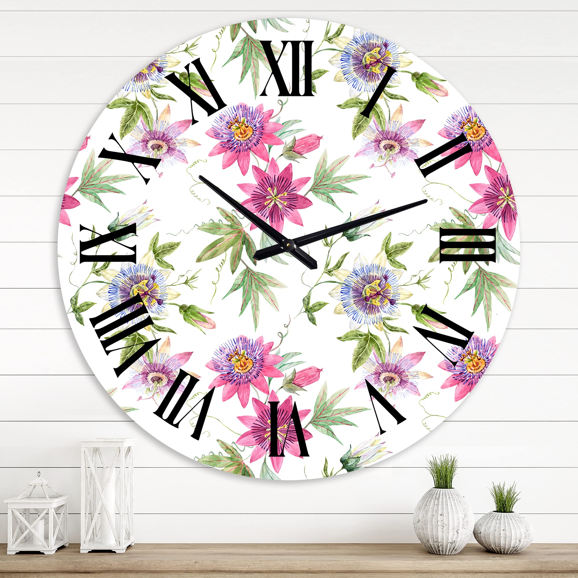 Pink Passionflower Wall Clock - Large Traditional Floral Wall Clock for Bedroom Decor | Vintage Botanical Clock for Living Room, Kitchen & Office