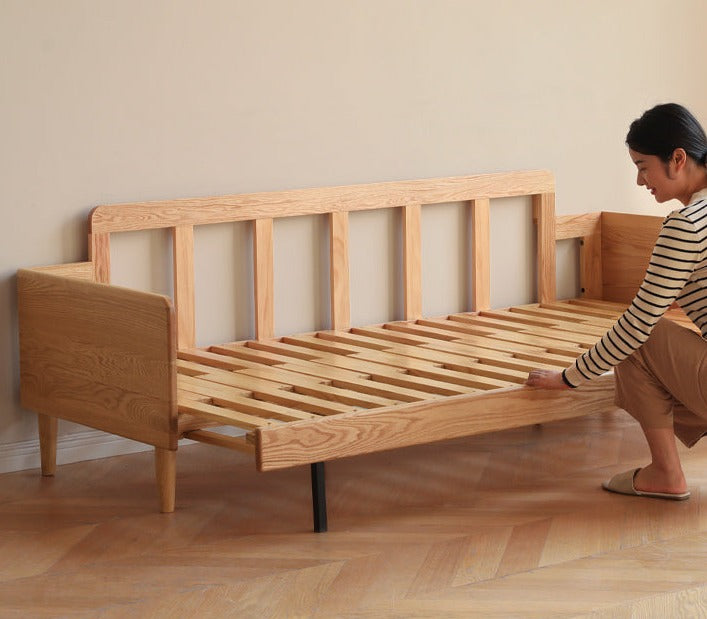 Oak Solid Wood Sofa Bed with Folding White Goose Feather Cushions - Convertible Sleeper for Small Spaces & Guest Rooms