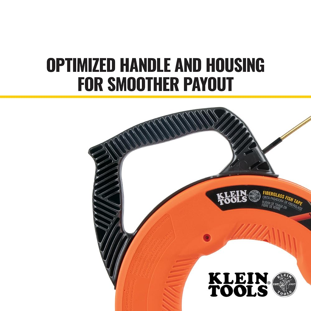 Klein Tools 56351 Non-Conductive Electrical Fish Tape - 100-Foot Fiberglass Wire Puller with Steel Leader & Optimized Housing | Perfect for Electricians, DIY Home Wiring & Cable Installation Projects
