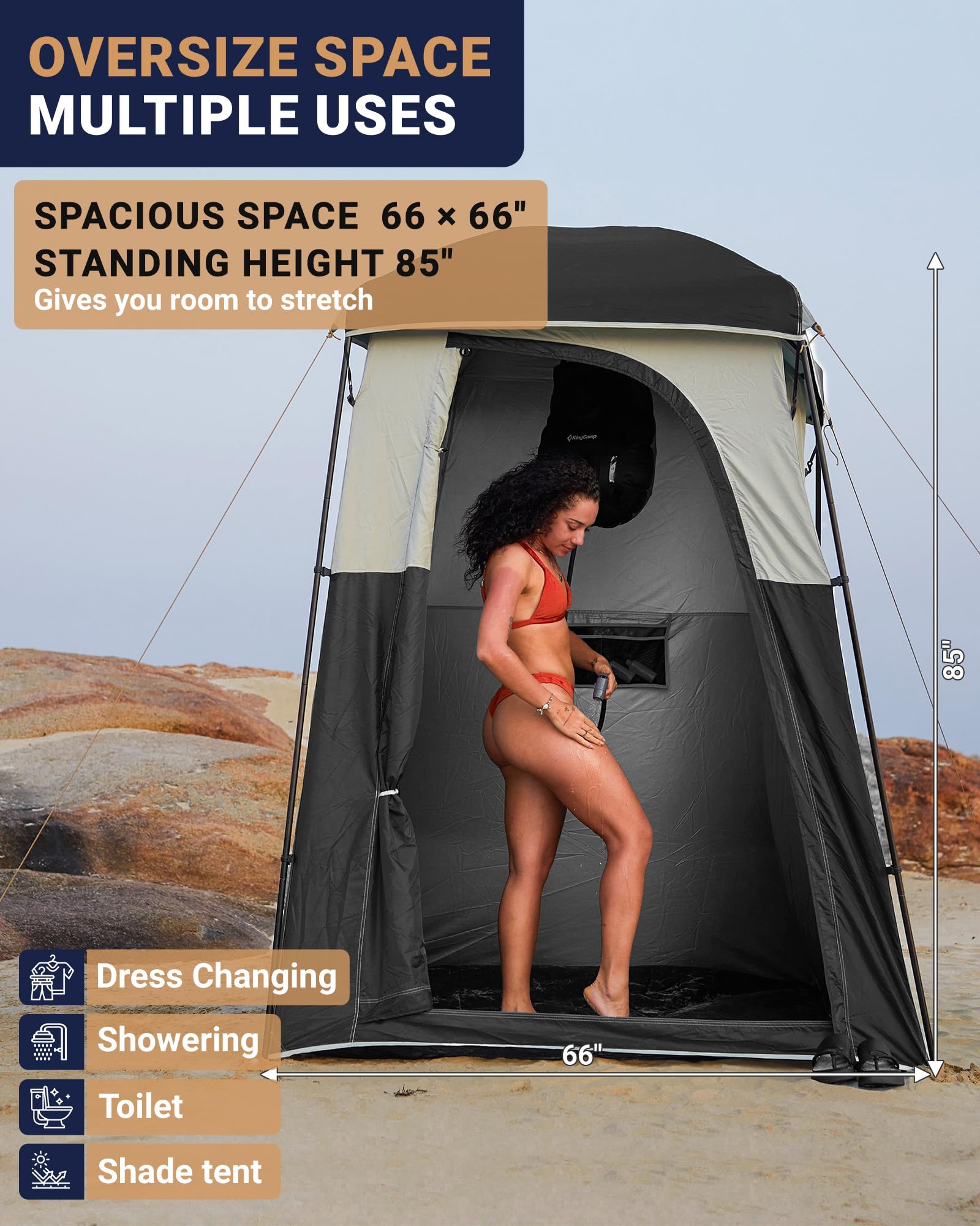 KingCamp Luxury Camping Shower Tent with Portable Shower Bag - 1 Room & 2 Room Privacy Shelter Toilet Tent for Outdoor Adventures, Beach Trips & RV Camping