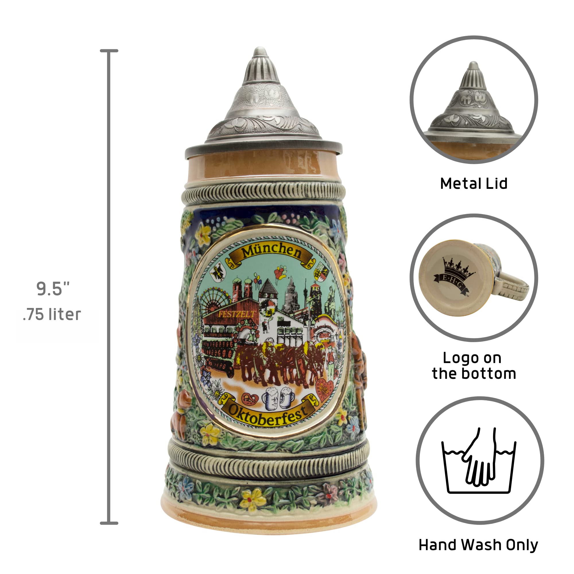 0.75 Liter Oktoberfest Beer Stein with Lid - Authentic German Oktoberfest Mug for Beer Lovers - Perfect for Oktoberfest Parties, Themed Events & Home Bar Decor