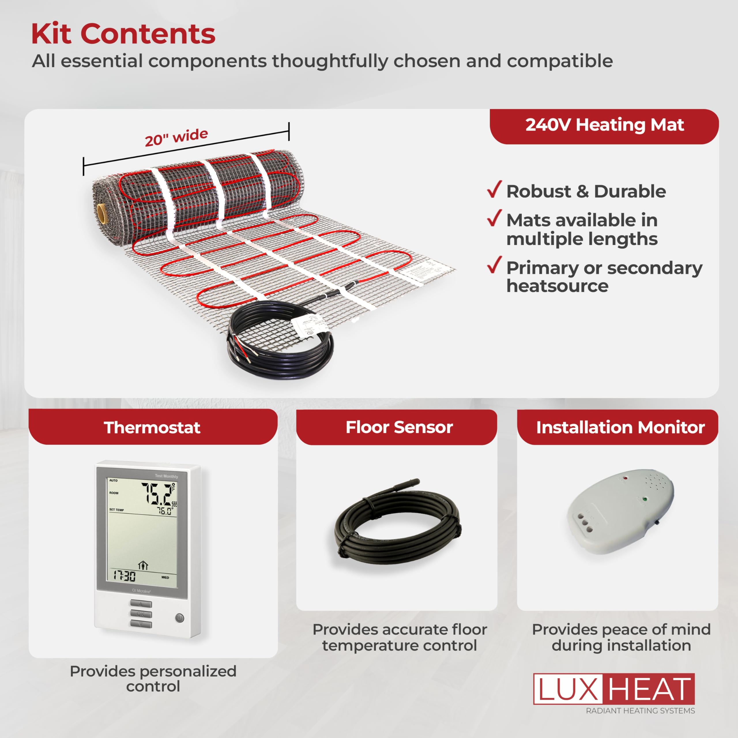 45sqft Electric Radiant Floor Heating Mat Kit - 240V Underfloor Heating System with Programmable Thermostat, GFCI & Floor Sensor - Perfect for Bathrooms, Kitchens & Basements