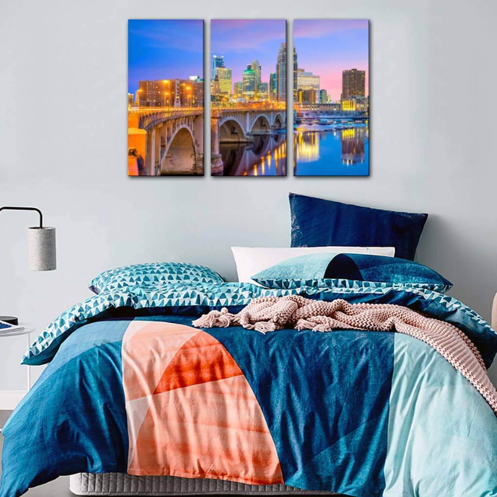 Blaverr Minneapolis Downtown Skyline Canvas Wall Art - Minnesota USA Cityscape Reflection Painting - 3 Panel Home Decor for Living Room & Bedroom - Perfect for Modern Housewarming Gifts & Office Wall Decor