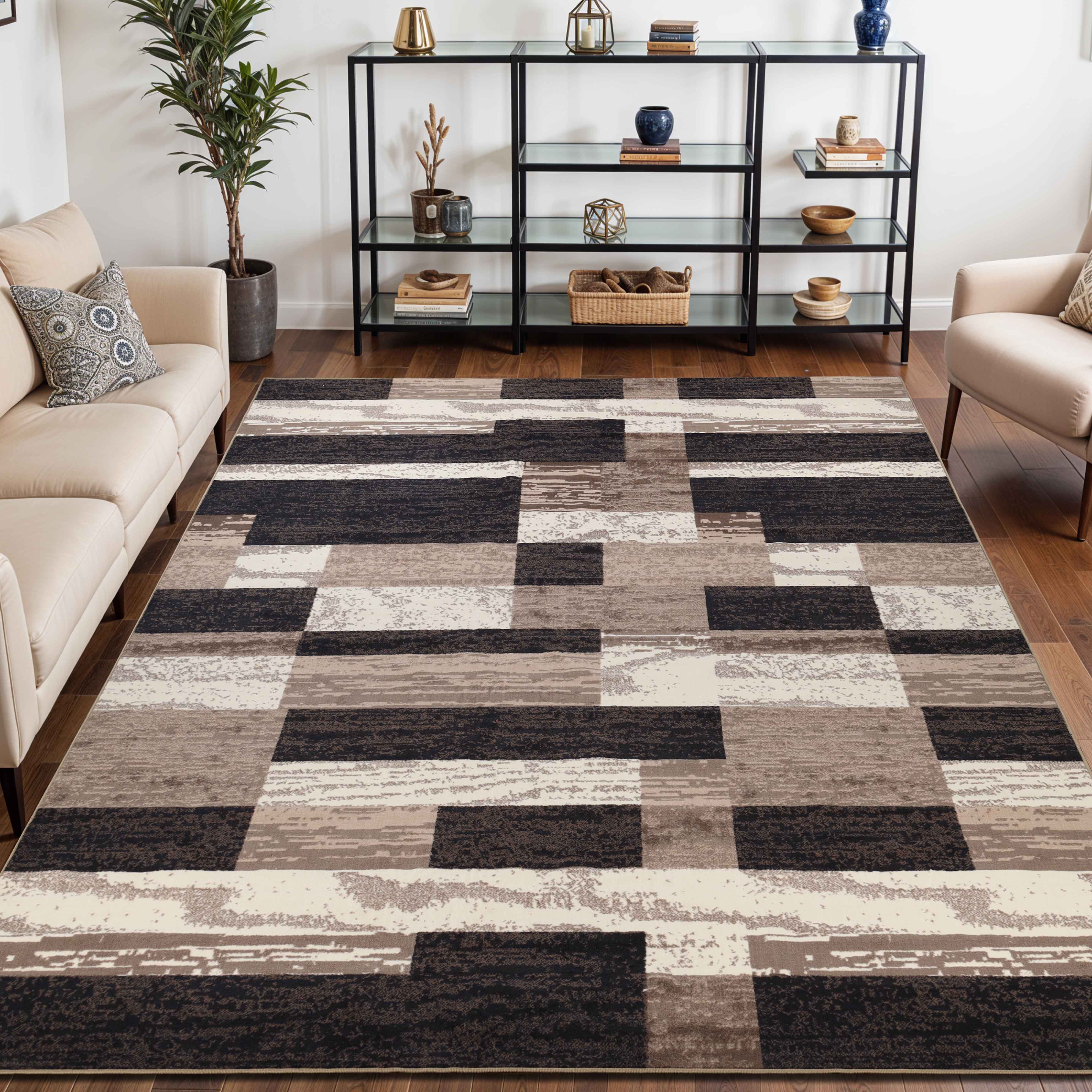 Rockwood Contemporary Geometric Patchwork Indoor Area Rug or Runner - Non-Slip Soft Floor Mat for Living Room, Bedroom, Office - Modern Home Decor