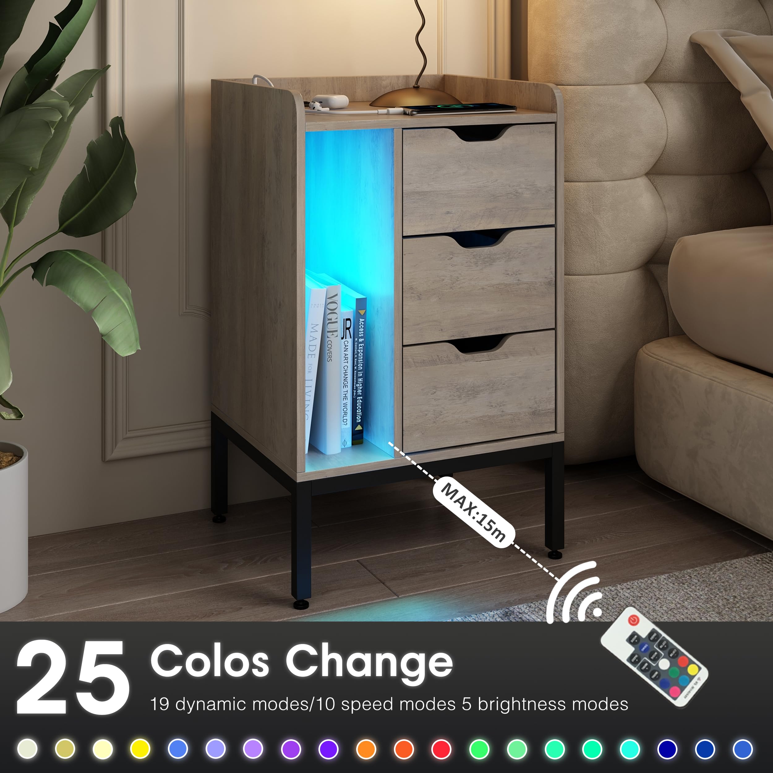 Modern Grey Nightstand with Charging Station, LED Lights & 3 Drawers - USB Outlet End Table for Bedroom & Living Room | Perfect for Small Spaces, Apartment Furniture & Nighttime Charging Convenience