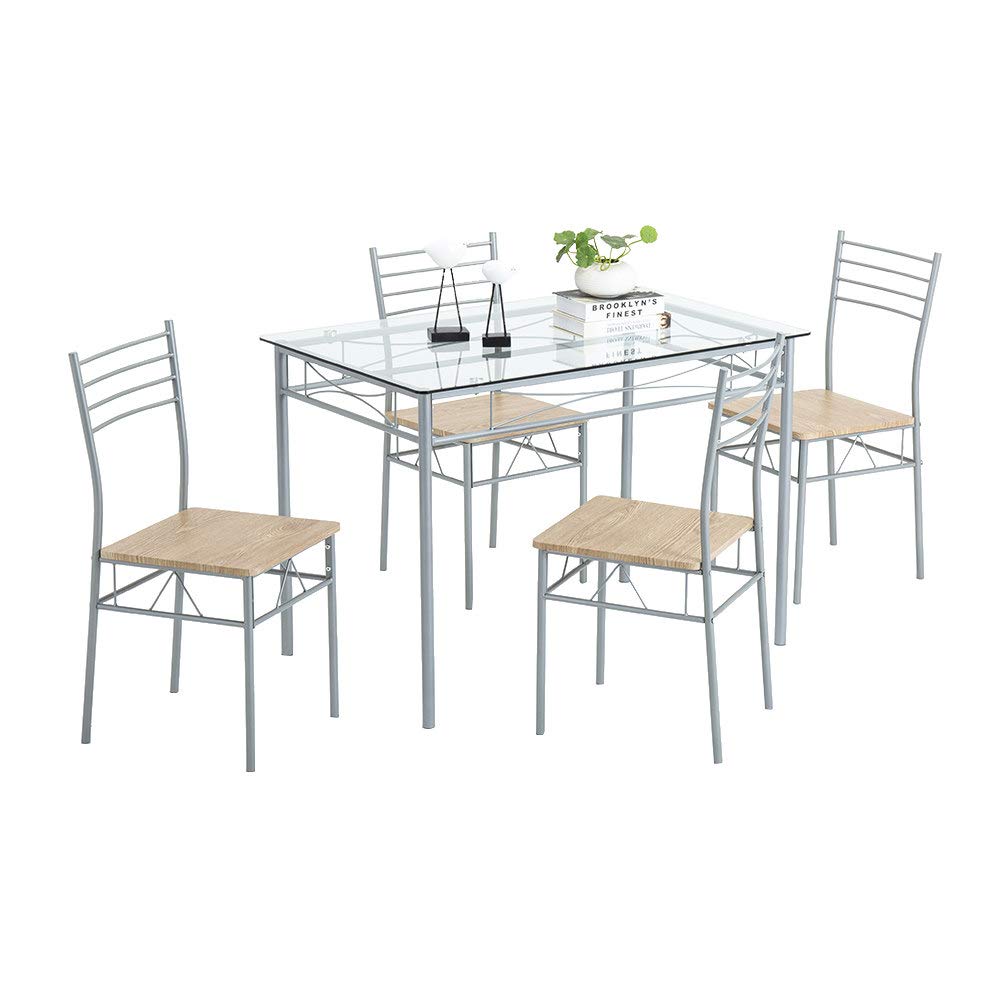 5-Piece Modern Dining Table Set with Glass Top & 4 Chairs - Silver Metal Frame Kitchen Furniture for Small Spaces | Perfect for Apartments, Breakfast Nooks & Compact Dining Areas