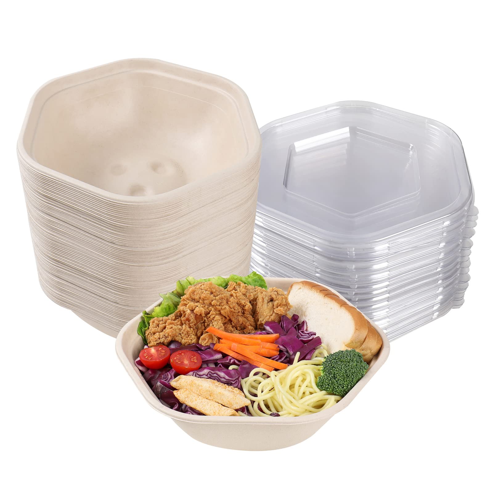 47 oz Eco-Friendly Disposable Salad Bowls with Lids - 20 Pack Sugarcane Fiber Takeout Containers, Microwave & Freezer Safe, BPA-Free Compostable Bowls for Parties, Picnics & Meal Prep