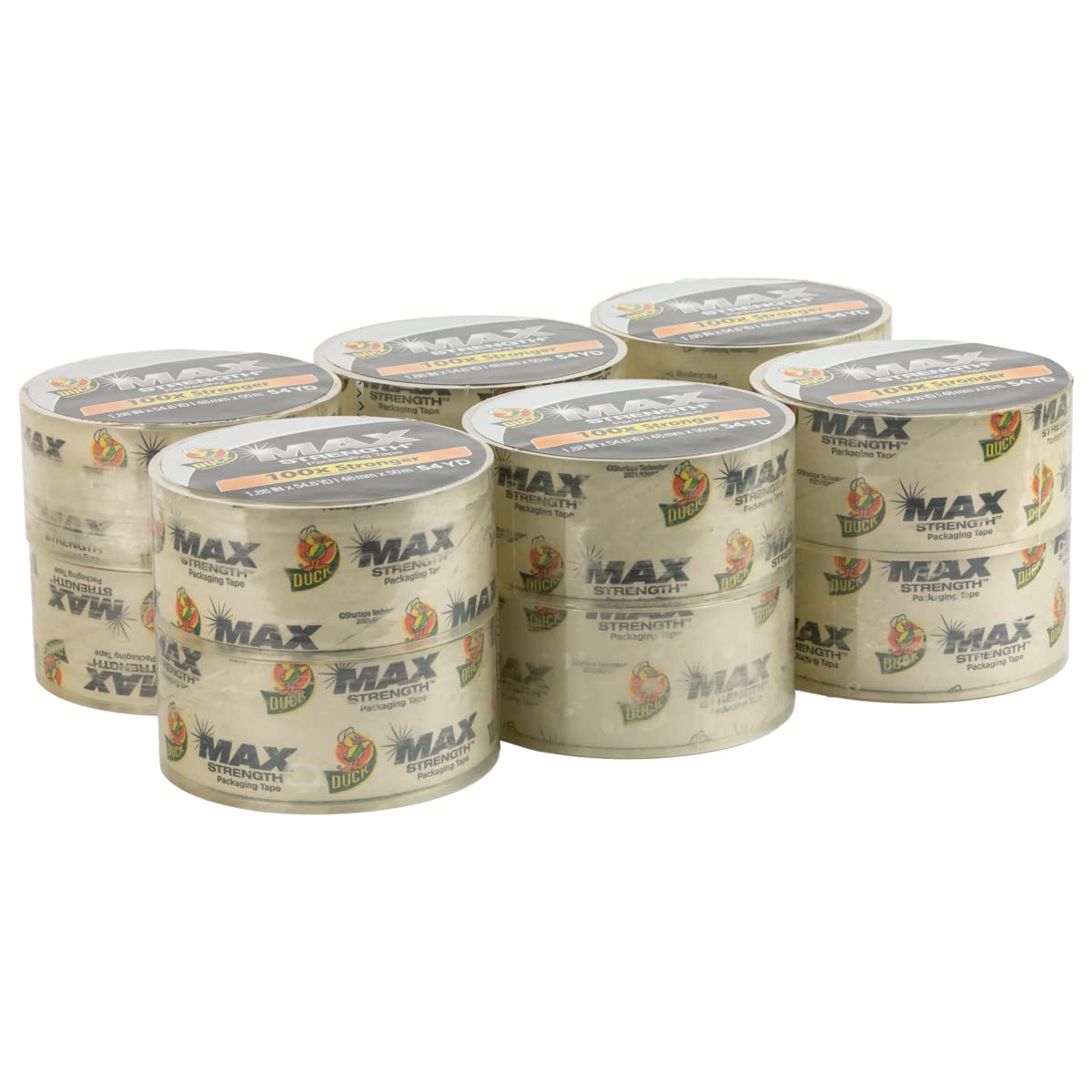 Duck Max Strength Clear Packing Tape Refills - 12 Rolls Heavy Duty Shipping Tape for Boxes, Moving & Storage, 1.88 Inch x 54.6 Yards, Industrial Strength Adhesive (287734) - Perfect for Home Office, Warehouse & E-commerce Packaging