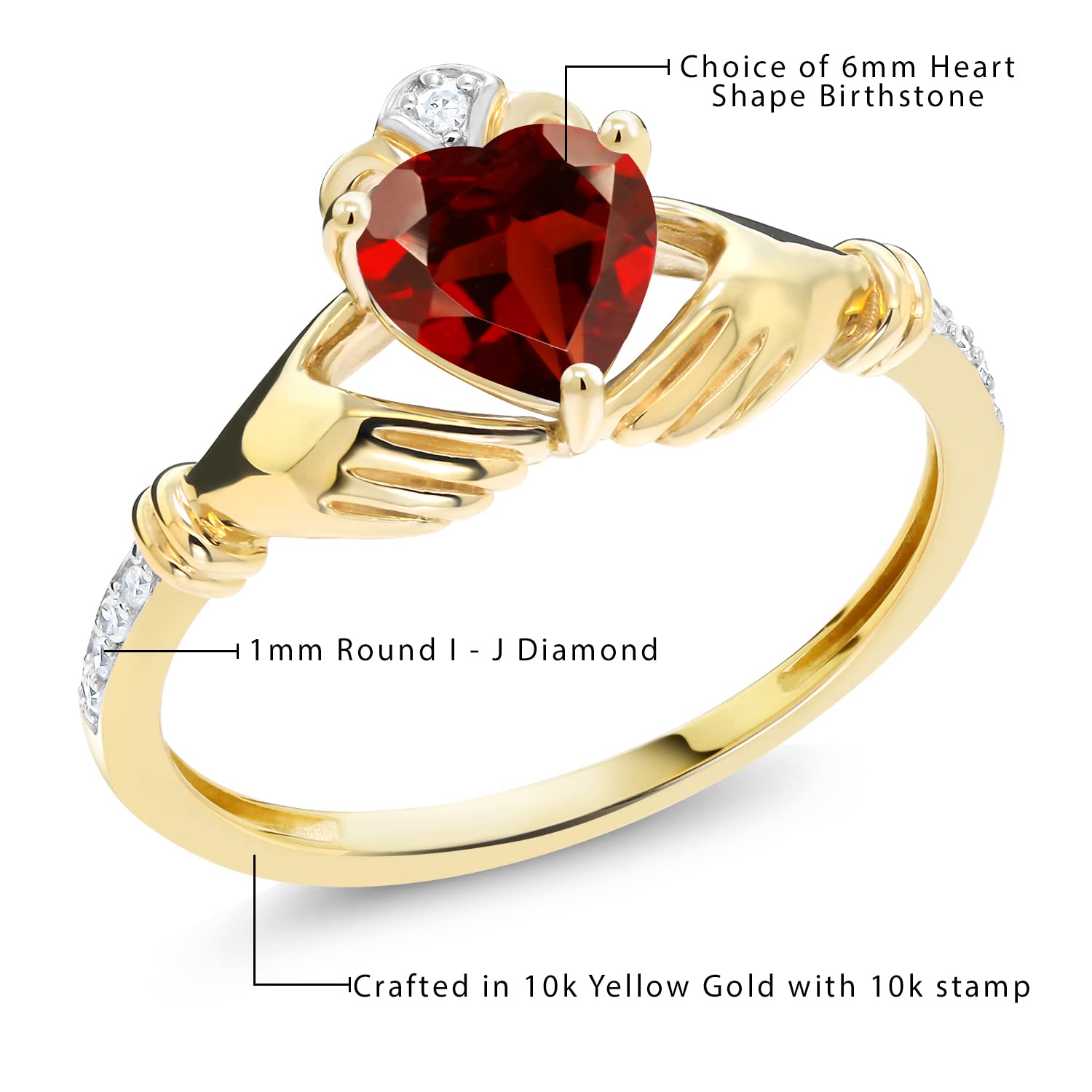10K Yellow Gold Engagement Ring for Women - Customizable Irish Claddagh Celtic Promise Ring with Birthstone & Diamond Accents | Wedding, Anniversary, Valentine's Gift for Her | Gem Stone King
