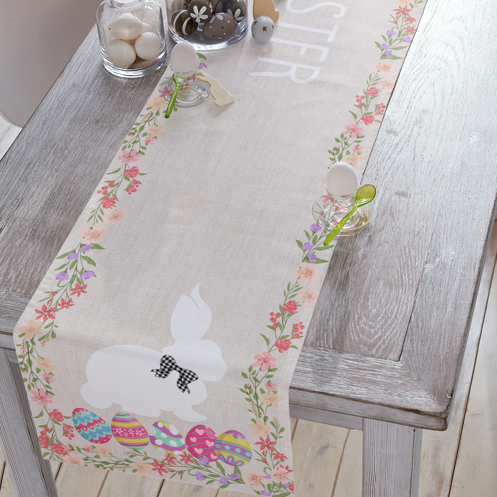Easter Bunny Table Runner - 14 x 72 Inch Spring Floral Tablecloth with Rabbit & Egg Designs, Blue Pink Rustic Home Decor for Easter Party, Kitchen Dining, Holiday Table Setting