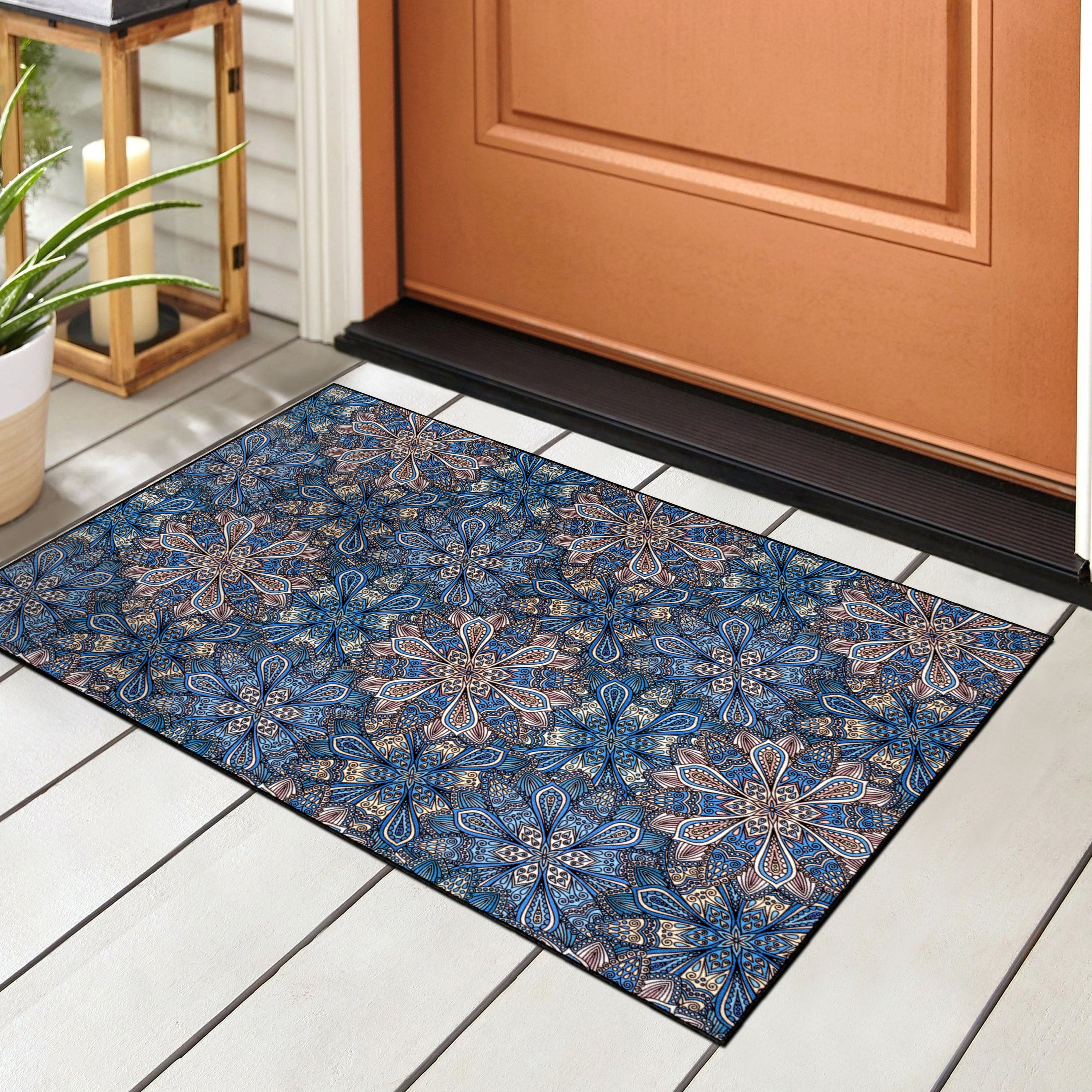 Bohemian Floral Non-Slip Indoor/Outdoor Area Rug - Perfect for Living Room, Bedroom, Patio & Boho Home Decor