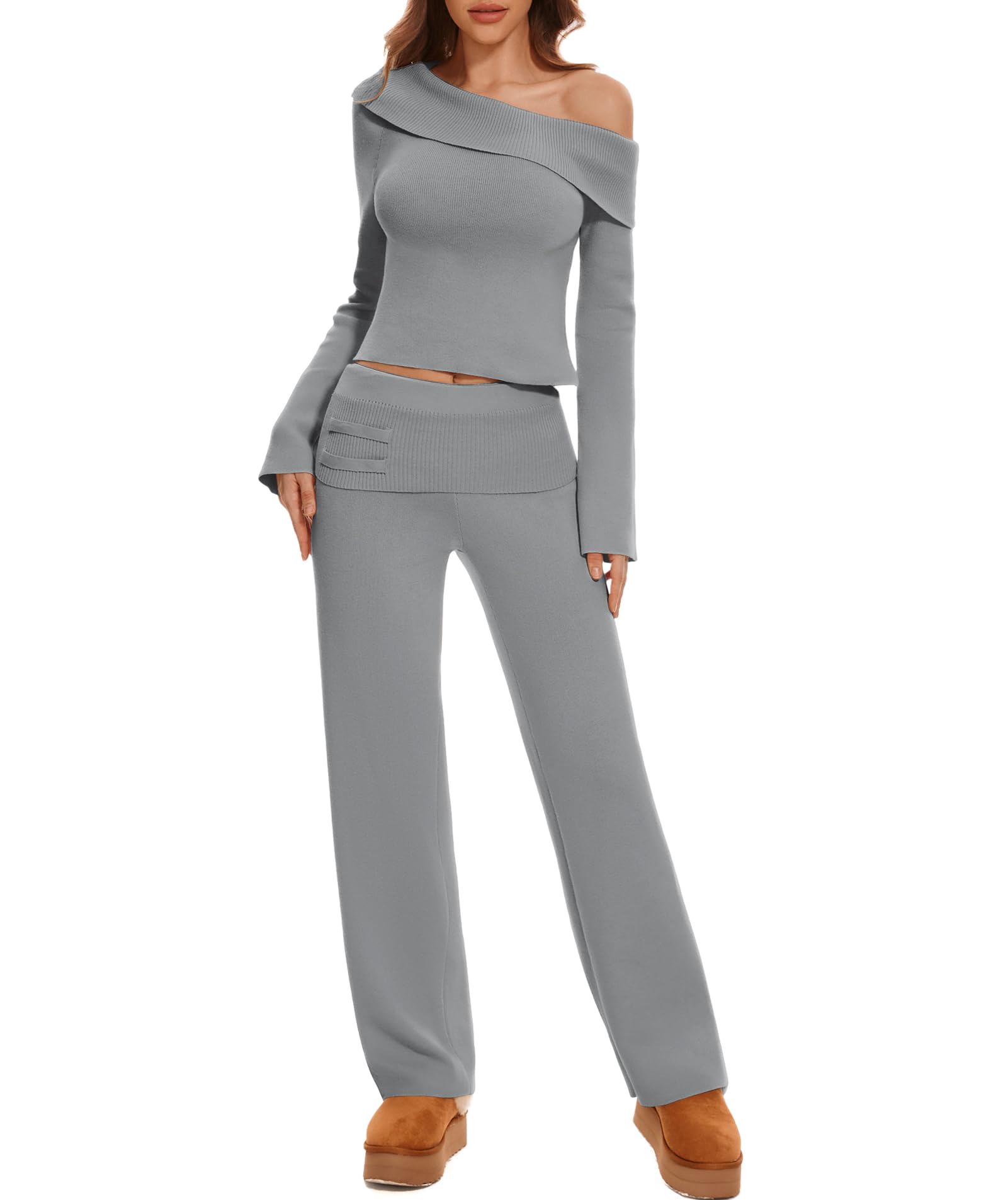 Women's 2-Piece Lounge Set - Off Shoulder Cropped Sweater & Wide Leg Pants Knit Outfit | Y2K Casual Wear for Home, Travel & Street Fashion