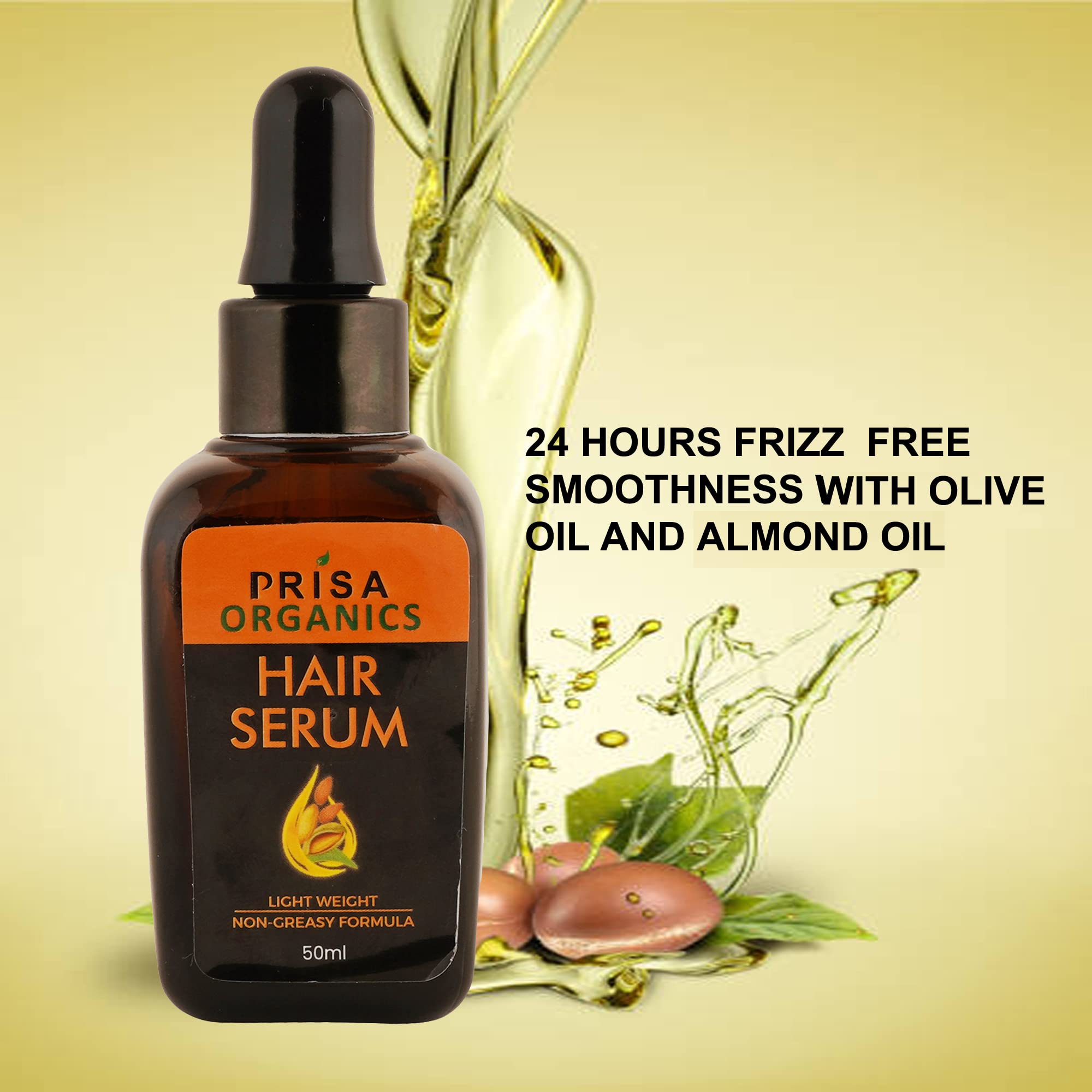 Prisa Organics Hair Serum with Olive Oil & Almond Oil - Silky Smooth Hair Treatment | Frizz Control, Hydration & Straightening | 50ml | Perfect for Daily Styling & Heat Protection