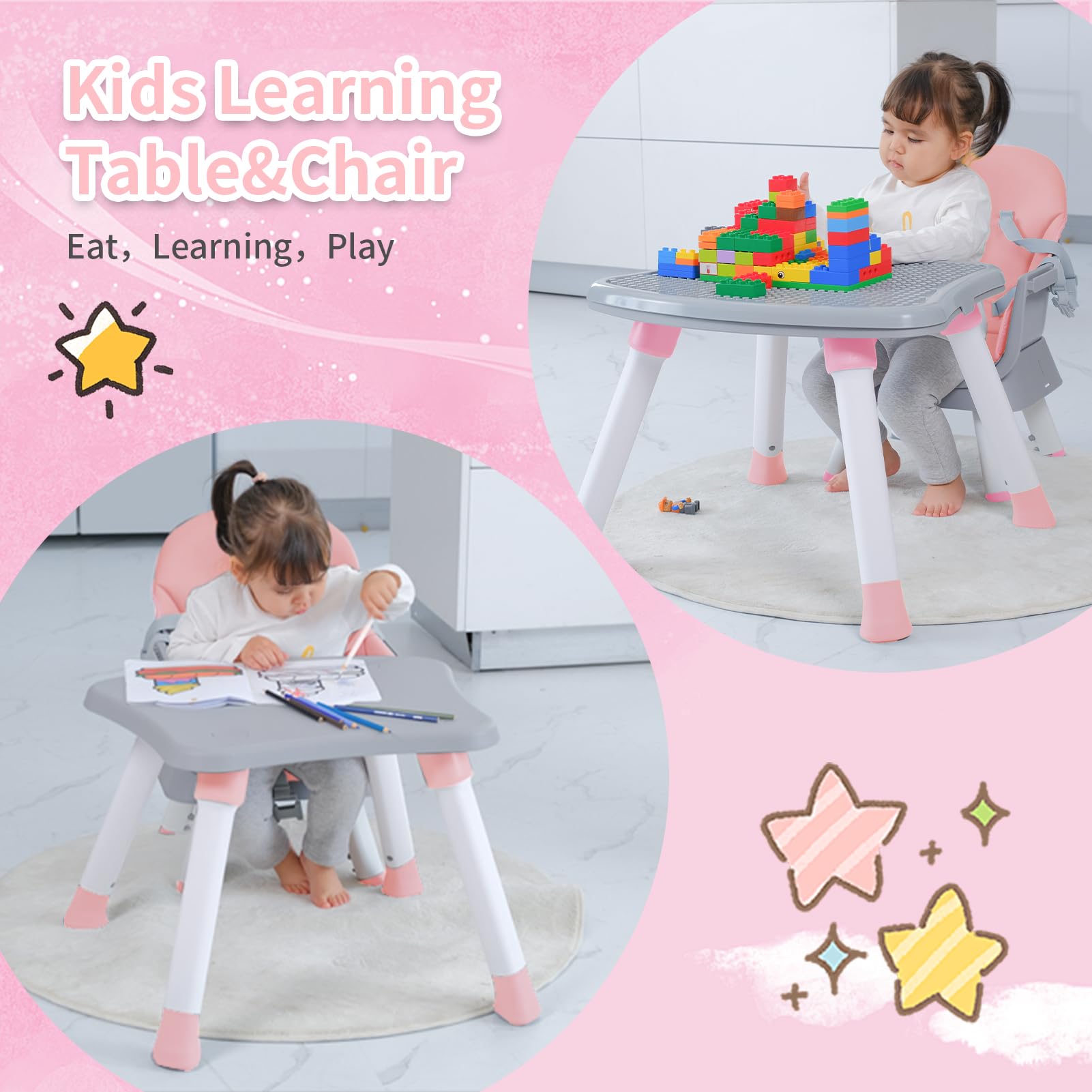 8-in-1 Convertible Baby High Chair with Removable Tray - Adjustable Toddler Learning Table, Building Block Play Table & Kids Stool Set (Pink) - Perfect for Mealtime, Playtime & Early Childhood Development