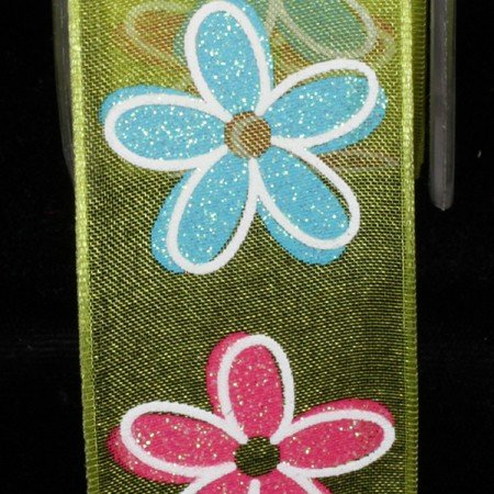 Lime Green, Blue & Red Sheer Glitter Wired Ribbon - 1.5
