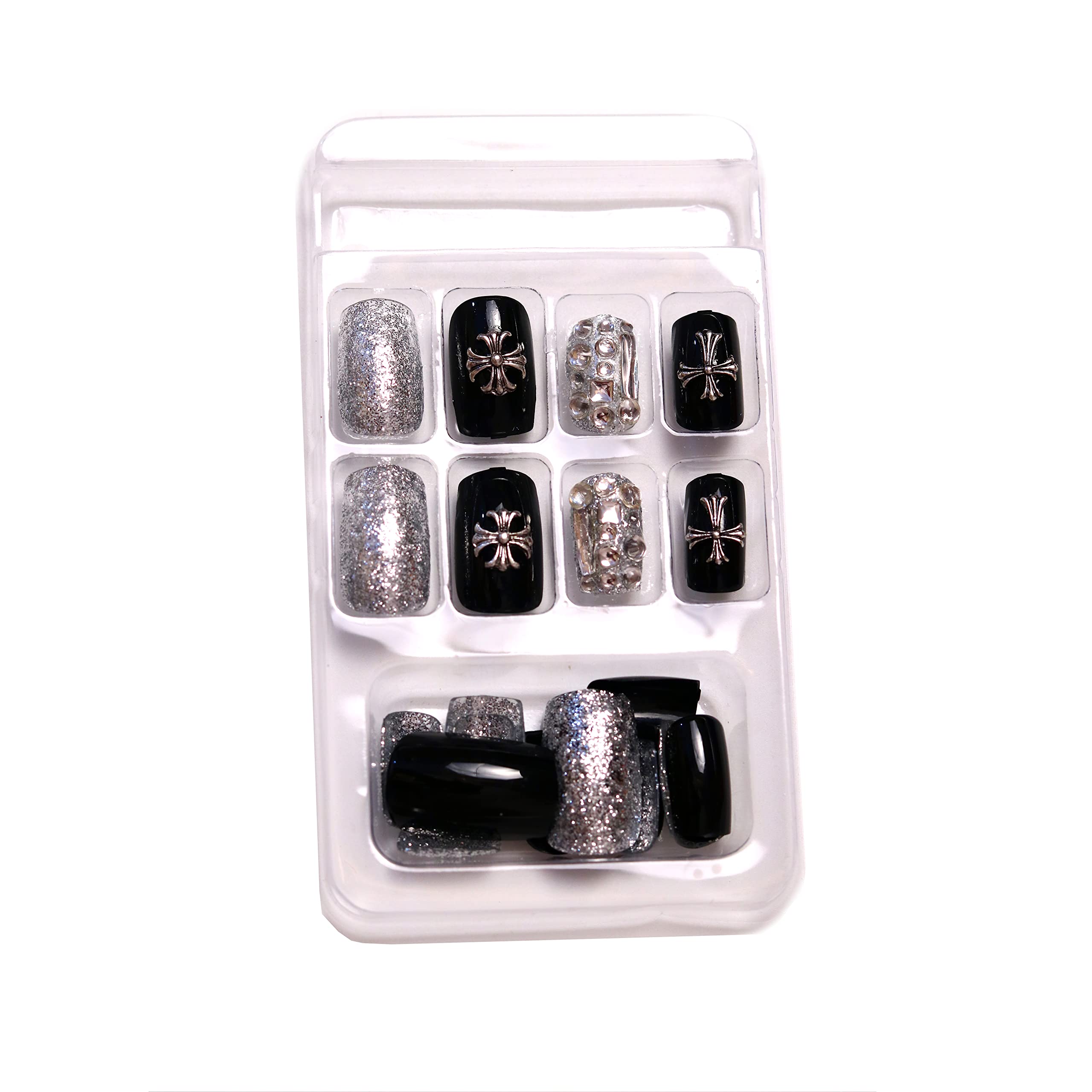 24-Piece Long French Artificial Nails Set with Free Application Kit - Black Stone Design | Full Nail Extension for Salon Quality Manicures at Home | Perfect for Parties, Weddings & Special Occasions