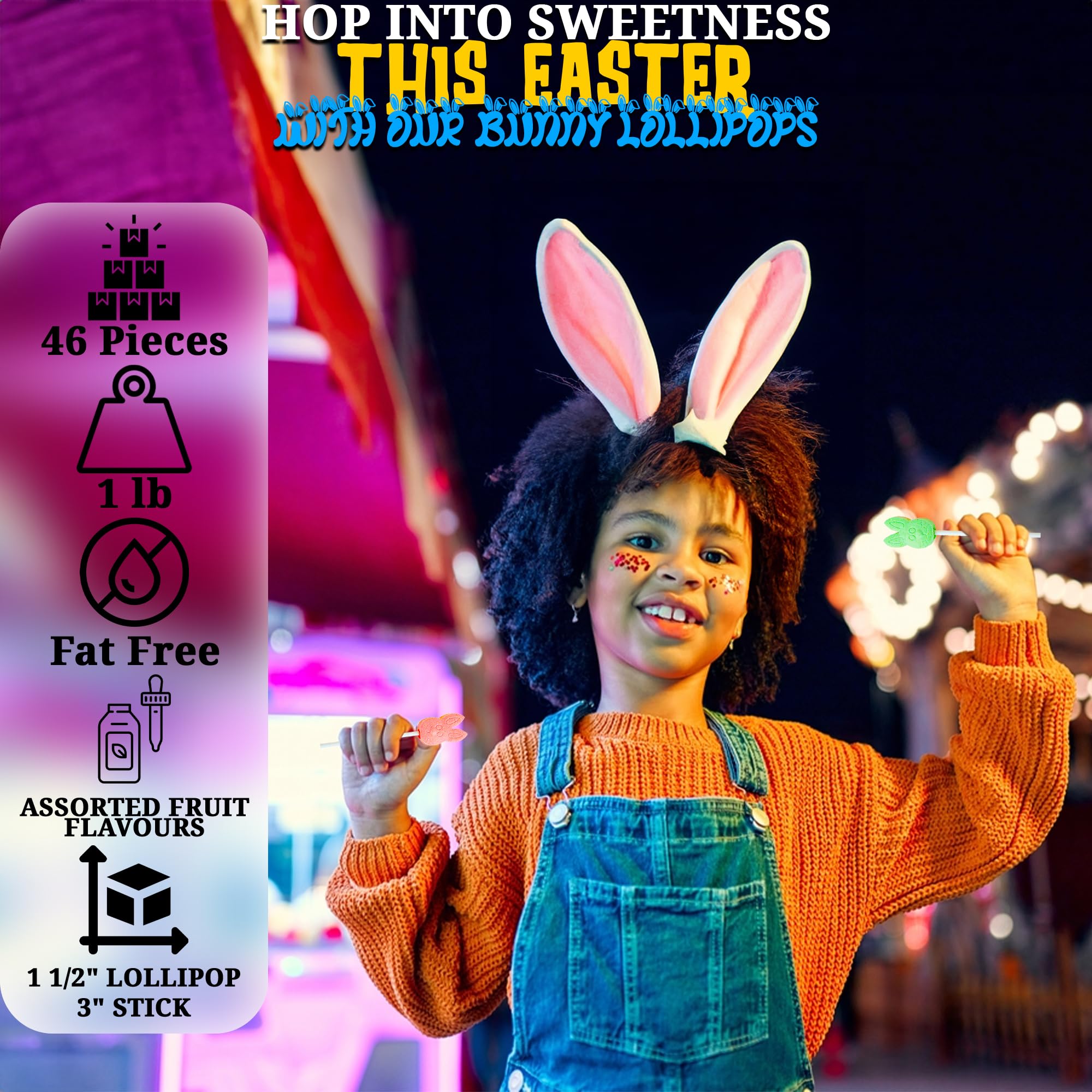 46 Pieces Easter Bunny Lollipops - 1 lb Individually Wrapped Suckers - Easter Basket Stuffers, Party Favors & Spring Celebration Candy for Kids, Classroom Treats & Egg Hunt Prizes