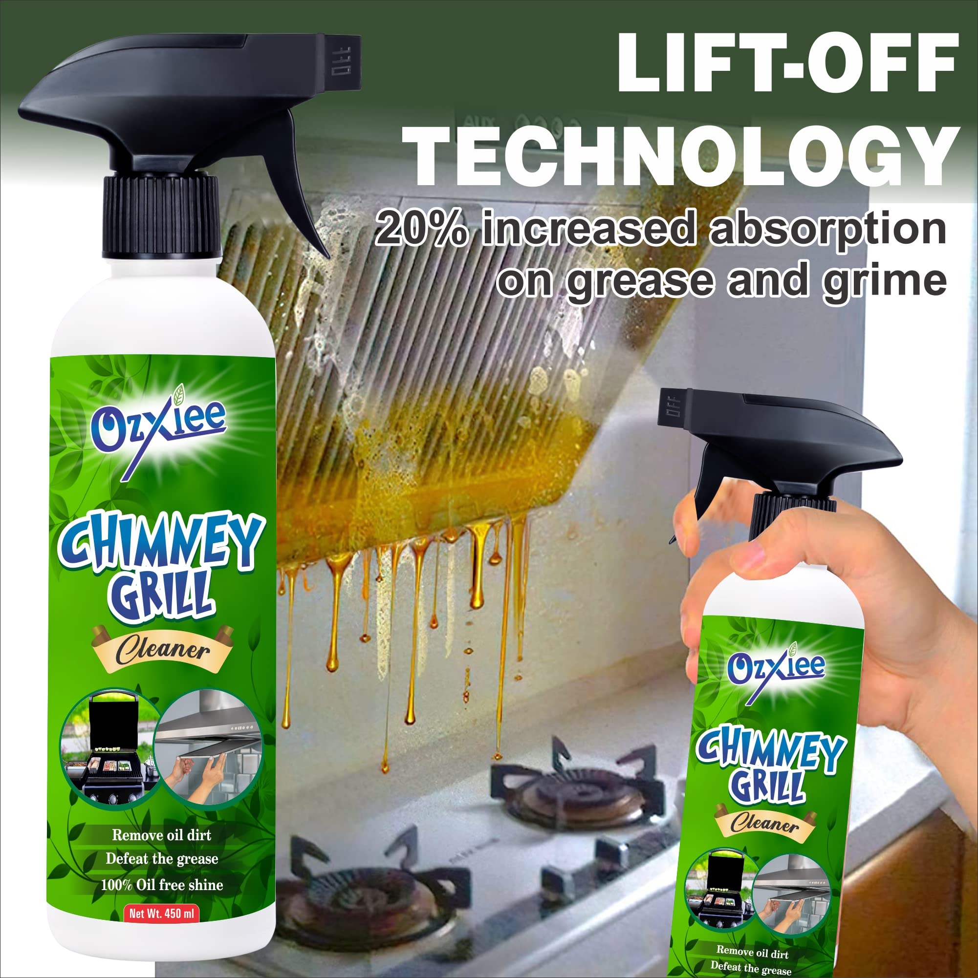 Ozxiee Chimney & Grill Cleaner Spray (450ml) - Heavy-Duty Kitchen Degreaser for Chimneys, Microwaves, Grills, Gas Stoves, Exhaust Fans & Deep Fryers | Removes Tough Grease & Oil | Ideal for Home & Commercial Kitchens
