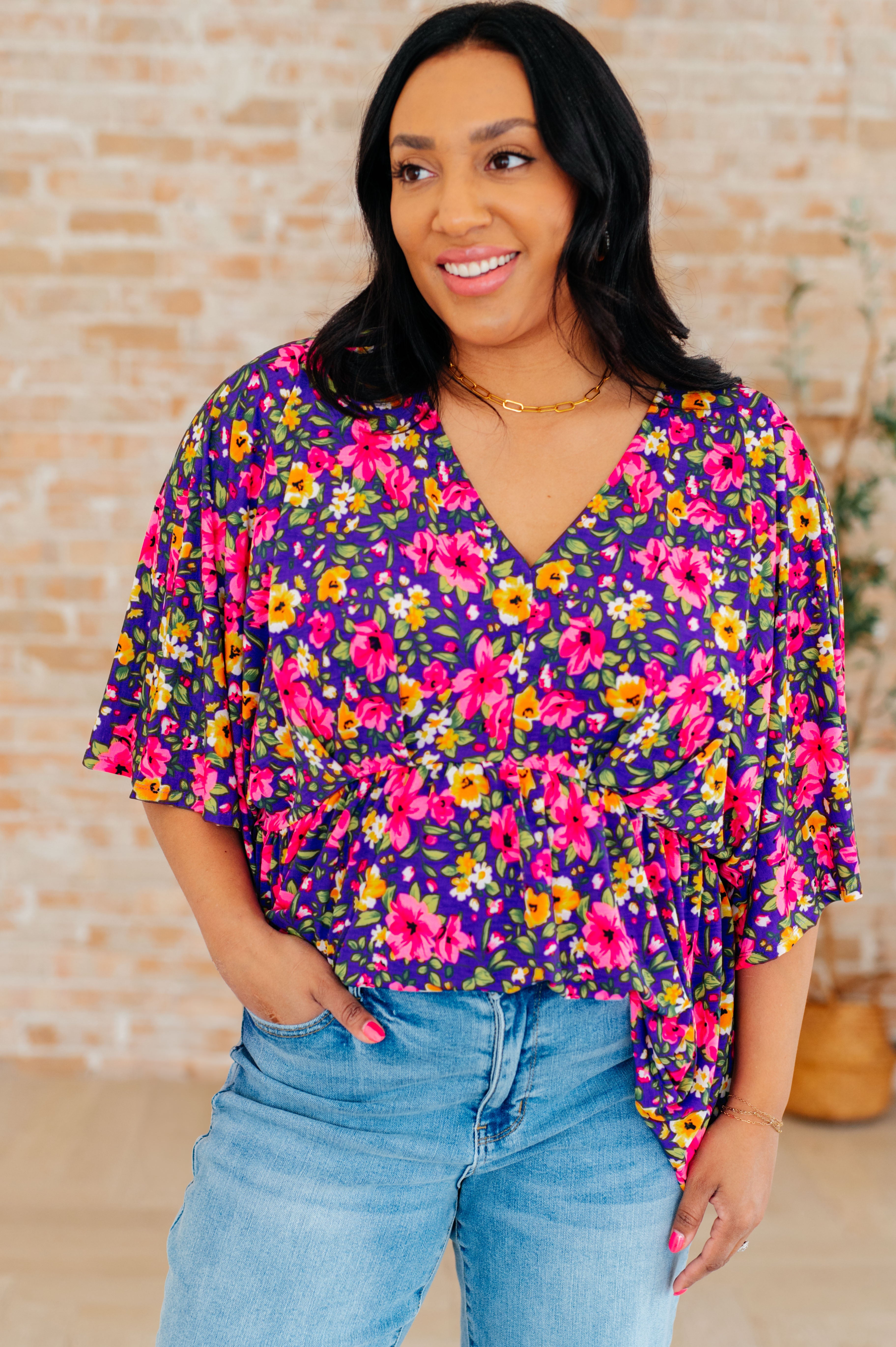 Dreamer Peplum Top - Floral Print Women's Blouse in Purple & Pink | Casual Wear, Office Outfit, Party Dress