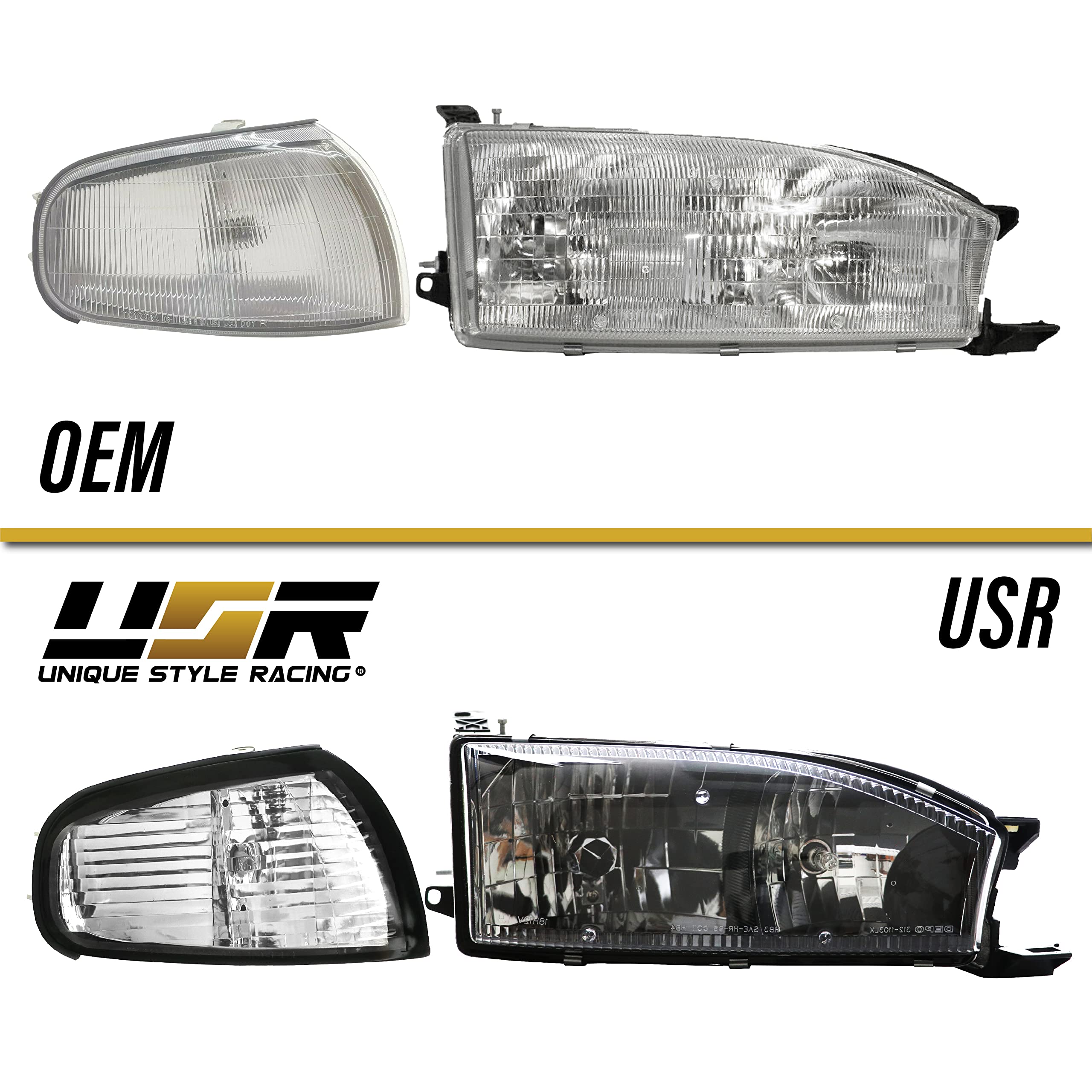 JDM Style Black Housing Clear Lens Headlights & Clear Corner Lights for 1992-1994 Toyota Camry - Complete 4-Piece Set | USR DEPO 92-94 Camry Headlights | Perfect for Night Driving & Car Customization