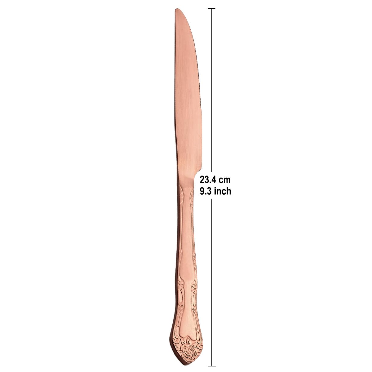 Matte Rose Gold Dinner Knives Set of 6 - Stainless Steel Satin Finish Cutlery with Rose Pattern Design - Dishwasher Safe - Perfect for Wedding, Anniversary, and Formal Dining Occasions