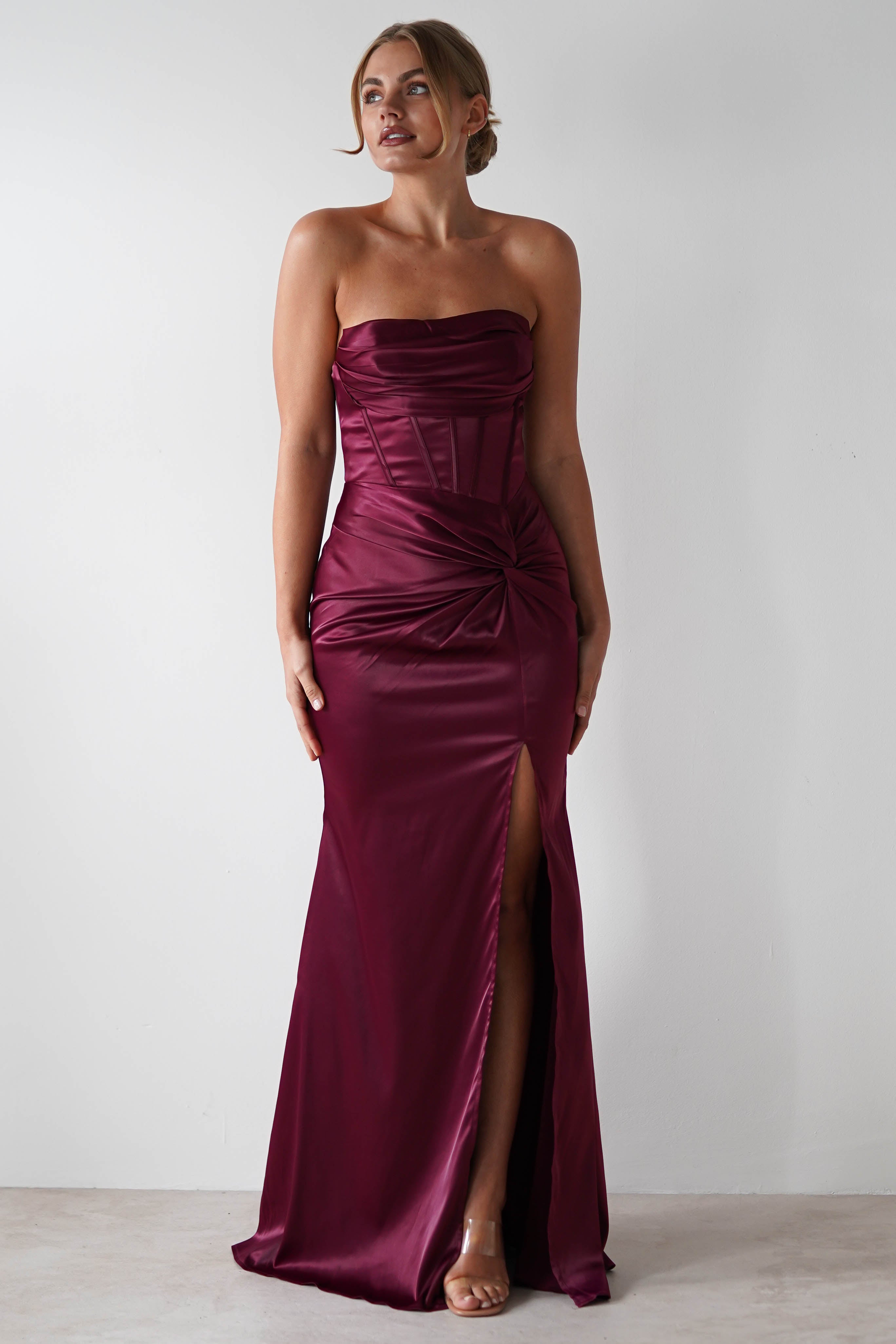 Elegant Burgundy Soft Corset Maxi Gown for Women - Perfect for Evening Parties, Weddings & Special Occasions