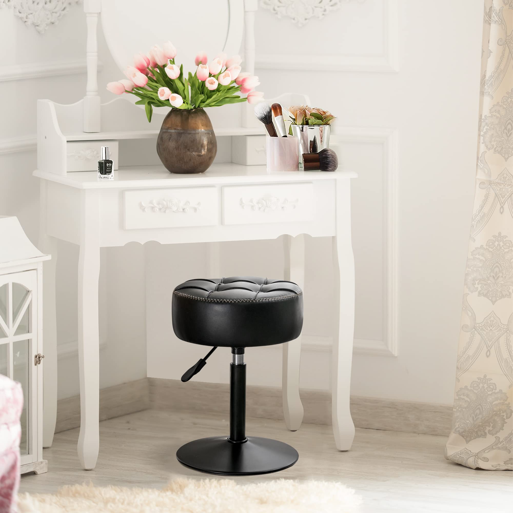 LUE BONA Adjustable Vanity Stool with 360° Swivel - Small Faux Leather Makeup Chair for Bathroom, Living Room & Dressing Room - Black Vanity Stool for Women's Makeup Station, Bedroom & Home Decor