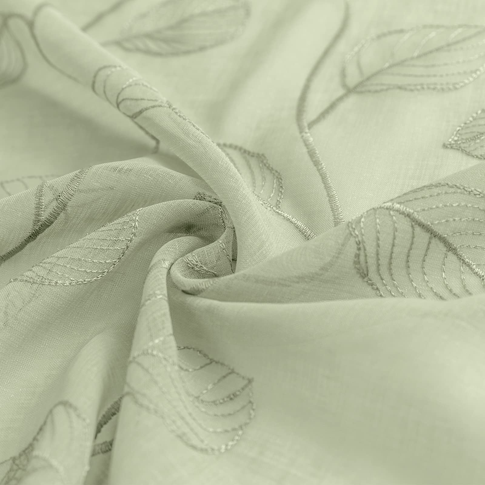 Sage Green Sheer Kitchen Curtains - Leaf Embroidered Voile Tiered Window Panels for RV, Camper, Farmhouse, Bathroom & Basement (36 Inch, Rod Pocket, 2 Panels) | Perfect for Small Windows, Cafe Style & Semi-Privacy Decor
