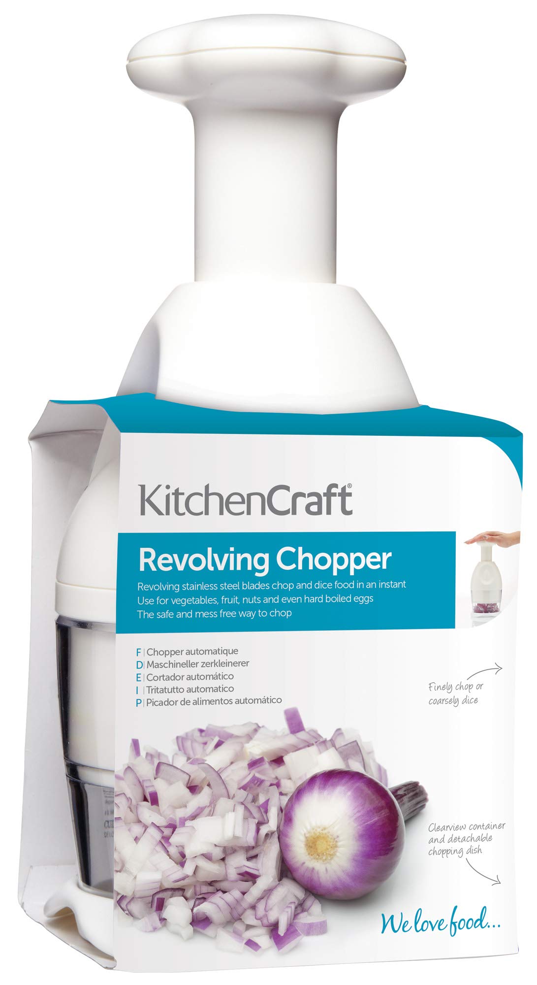 KitchenCraft Mini Manual Food Chopper - Hand Operated, No Batteries Required - Durable Plastic & Stainless Steel Design - Compact 9 x 4 x 4 Inch White Chopper - Perfect for Herbs, Nuts, Garlic & Onions - Ideal for Camping, Small Kitchens & RV Cooking