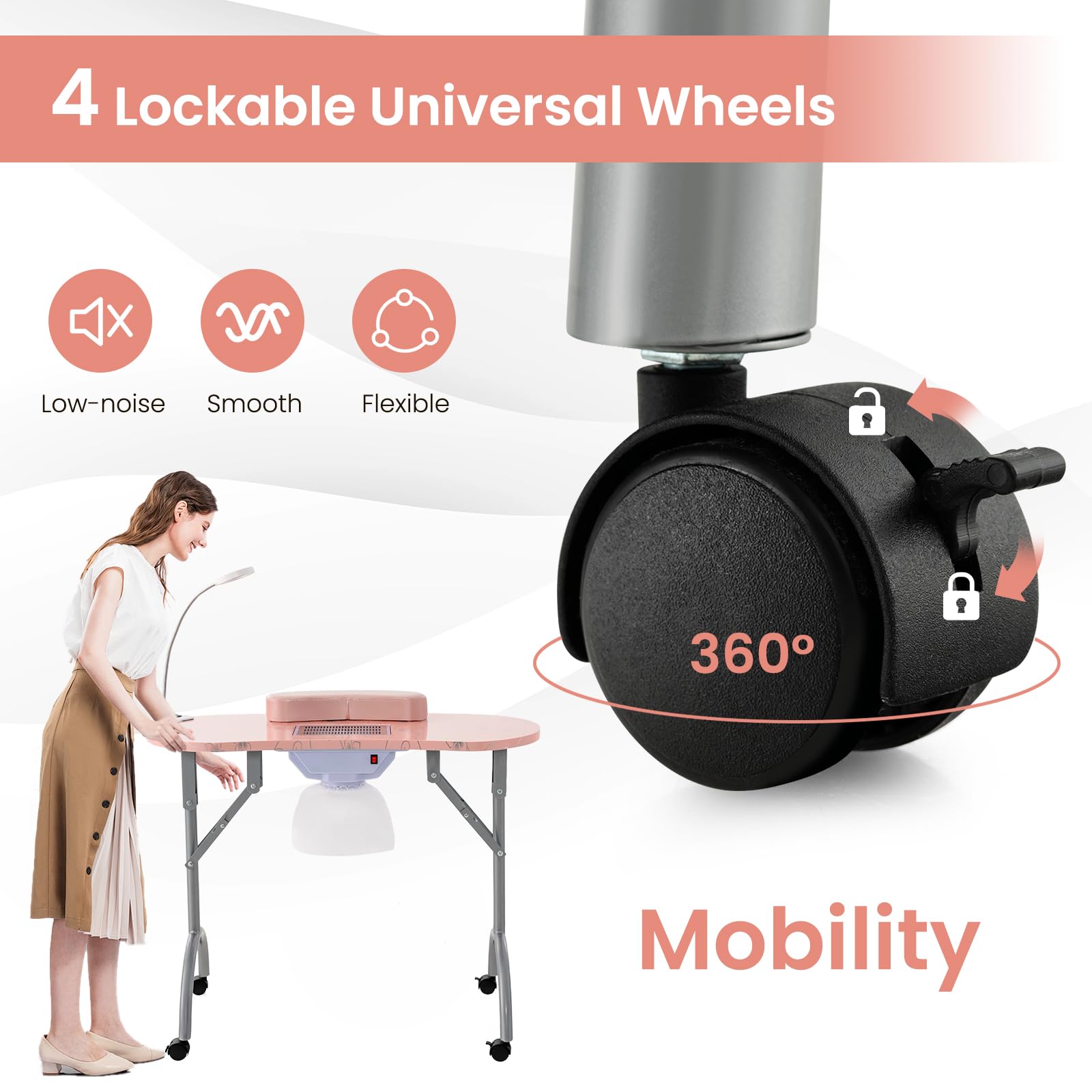 WELLHUT Portable Nail Technician Table with LED Lamp, Ventilation System, Dust Collector, Carry Bag & Cushion - Adjustable Manicure Station with Universal Wheels for Home Spa & Professional Salon Use (Pink) - Perfect for Nail Artists, DIY Enthusiasts & Beauty Professionals