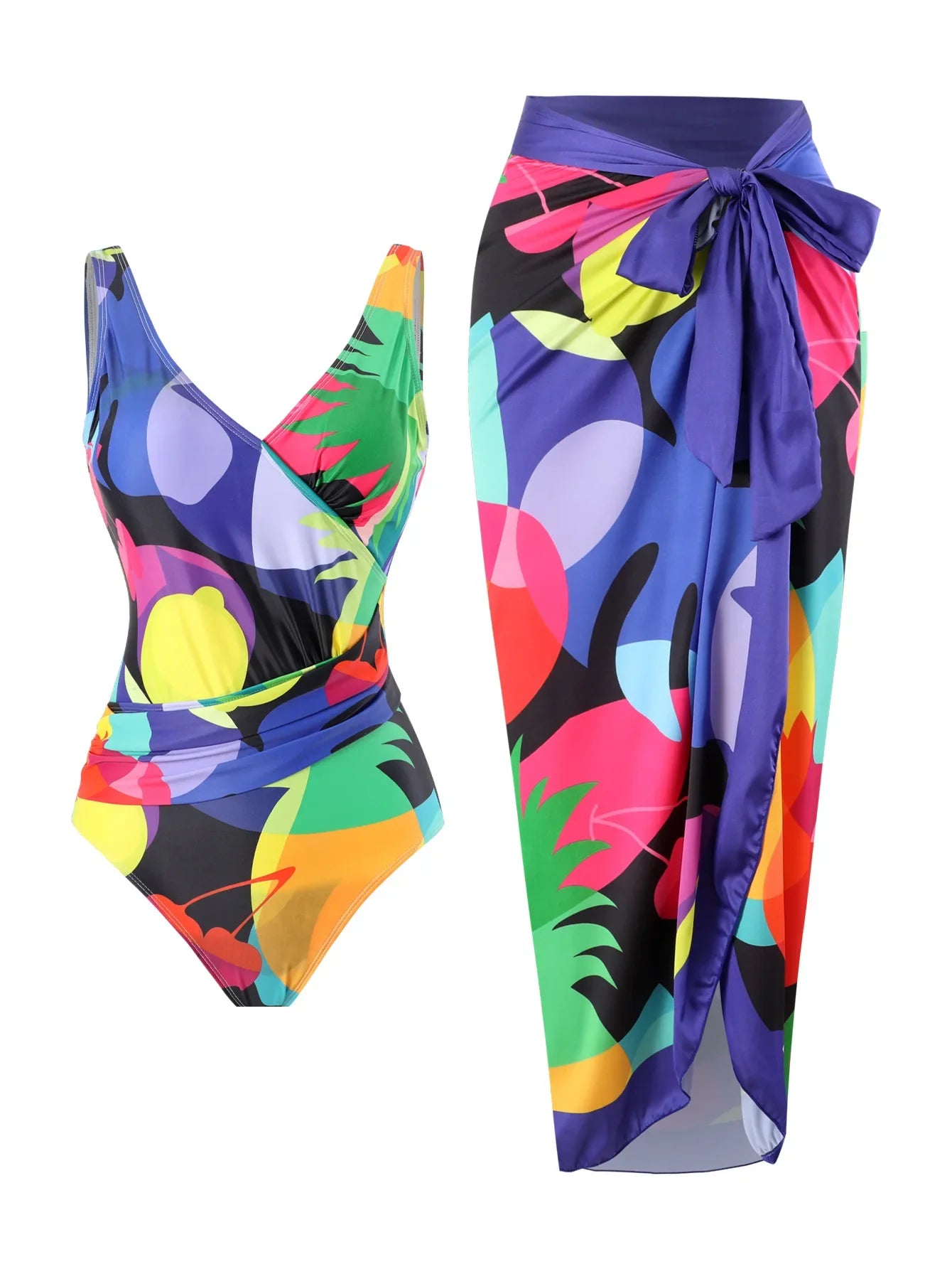 Elegant Blue Leaf Printed One Piece Swimsuit for Women - High Waisted Tummy Control Swimwear with Halter Neck | Perfect for Beach Vacations, Pool Parties & Summer Getaways