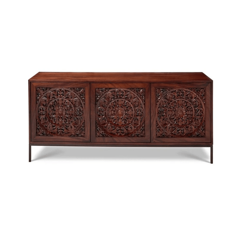 Hand Carved Solid Wood Three Door Brown Sideboard - Modern Wooden Credenza for Dining Room, Living Room & Entryway Storage | Rustic Home Decor Furniture
