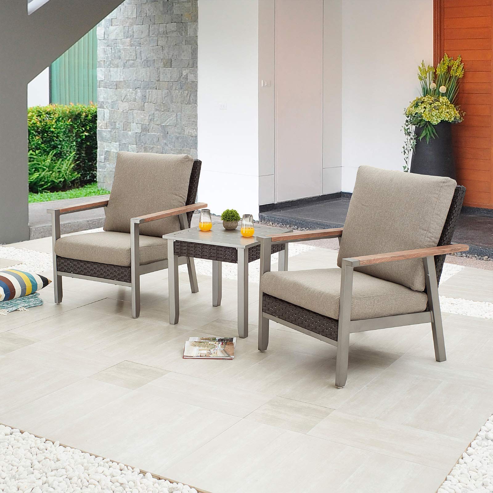 3-Piece Patio Bistro Set with Thick Cushions - Metal Frame Outdoor Lounge Armchairs & Side Table for Deck, Garden or Balcony - Gray Modern Furniture for Relaxing & Entertaining
