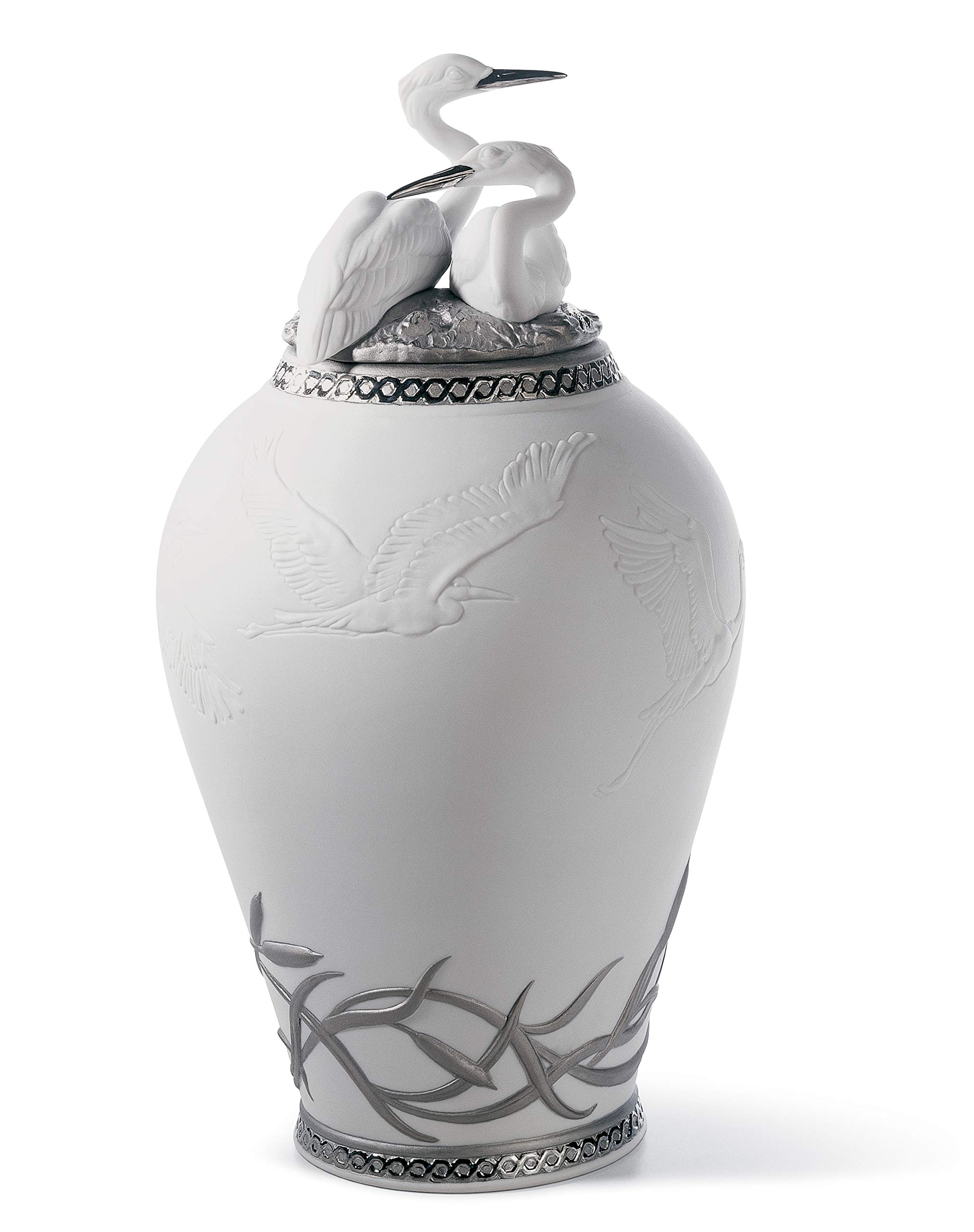 LLADRÓ Herons Realm Covered Vase Figurine - Silver Lustre Porcelain Vase for Home Decor & Luxury Gift | Elegant Table Centerpiece for Living Room & Wedding Decor