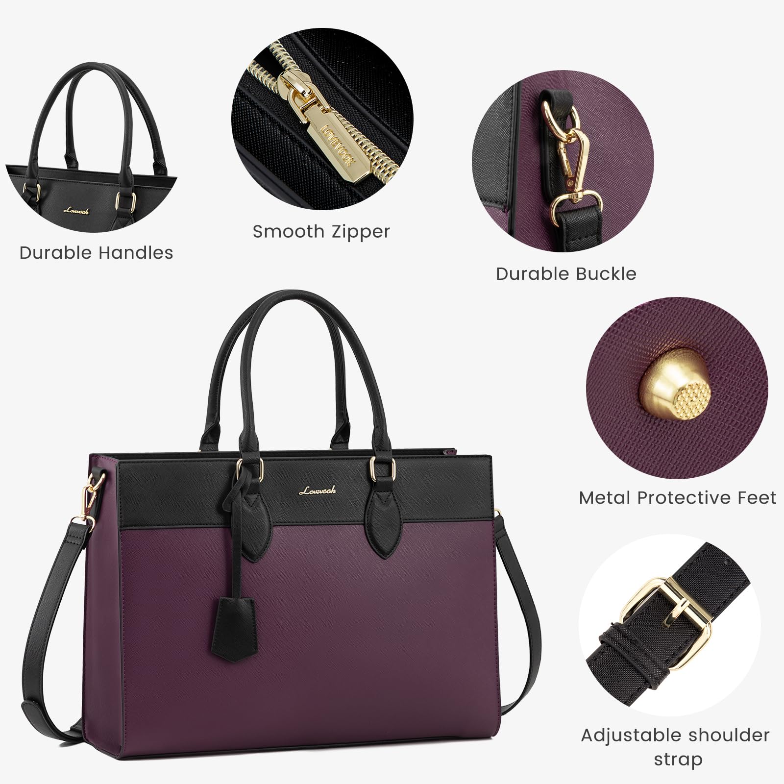 LOVEVOOK 15.6 Inch Waterproof Leather Laptop Bag for Women - Stylish Work Tote Purse & Professional Office Briefcase (Purple-Black) - Perfect for Business Travel, Commuting & Daily Work Essentials