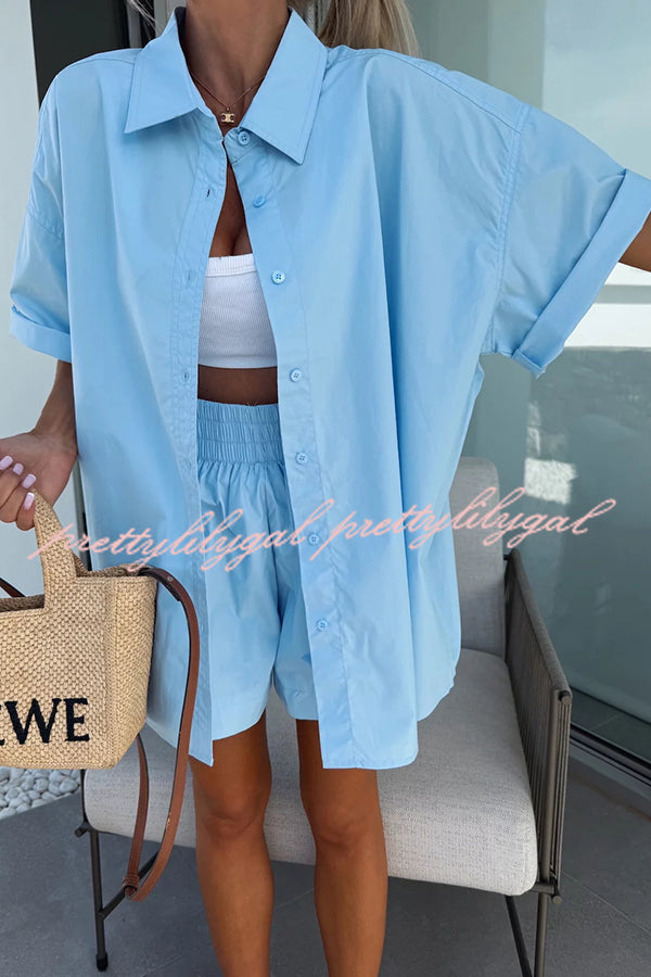 Women's Summer Casual Loose Short Sleeve Shirt & Elastic High Waist Shorts Set - Comfortable Outfit for Beach Vacation, Streetwear and Daily Wear