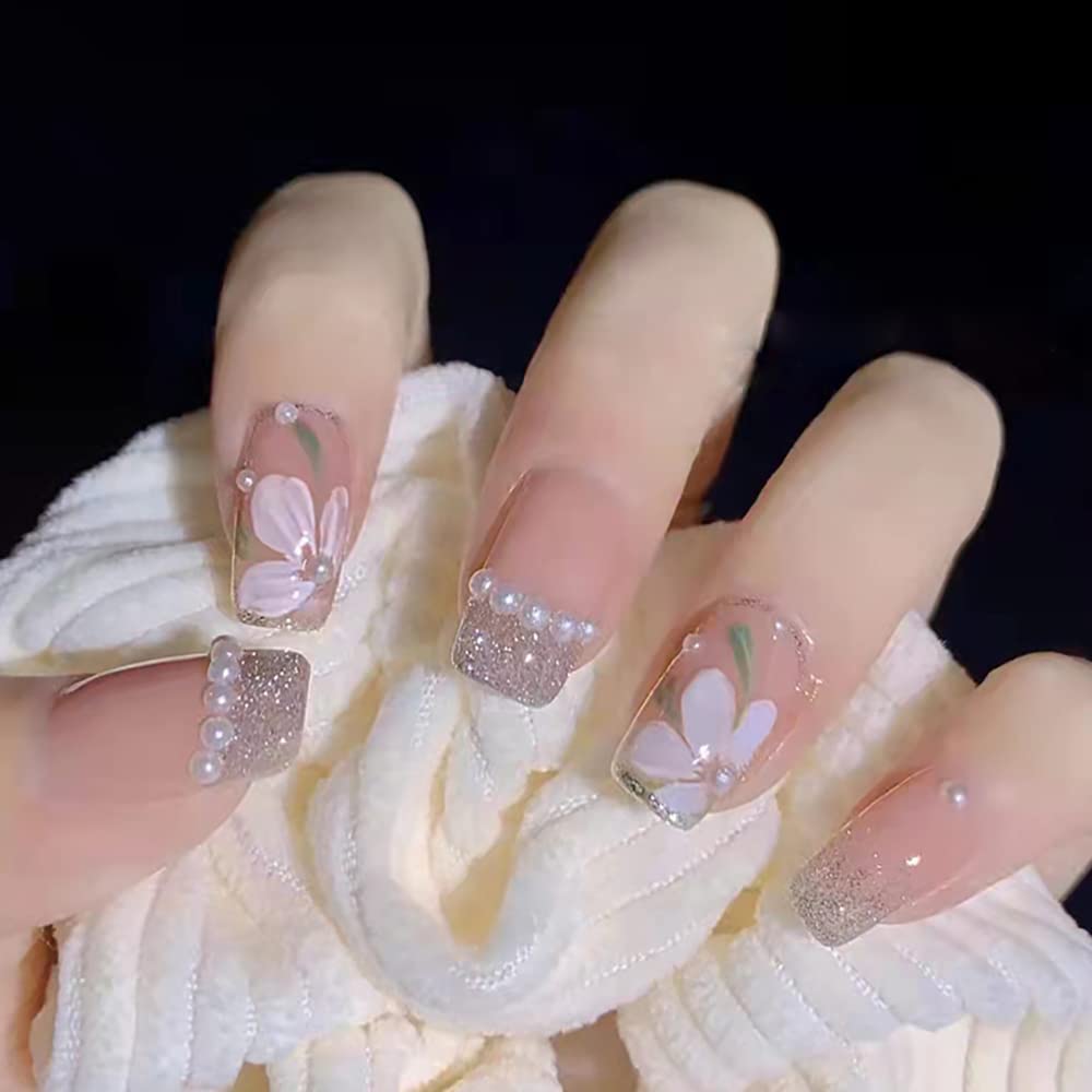 Pink Flower Press on Nails Short Fake Nails with White Pearl Design - Glossy Coffin Artificial Nails for Women & Girls (24PCS) - Perfect for Summer, Parties, Weddings & Everyday Wear