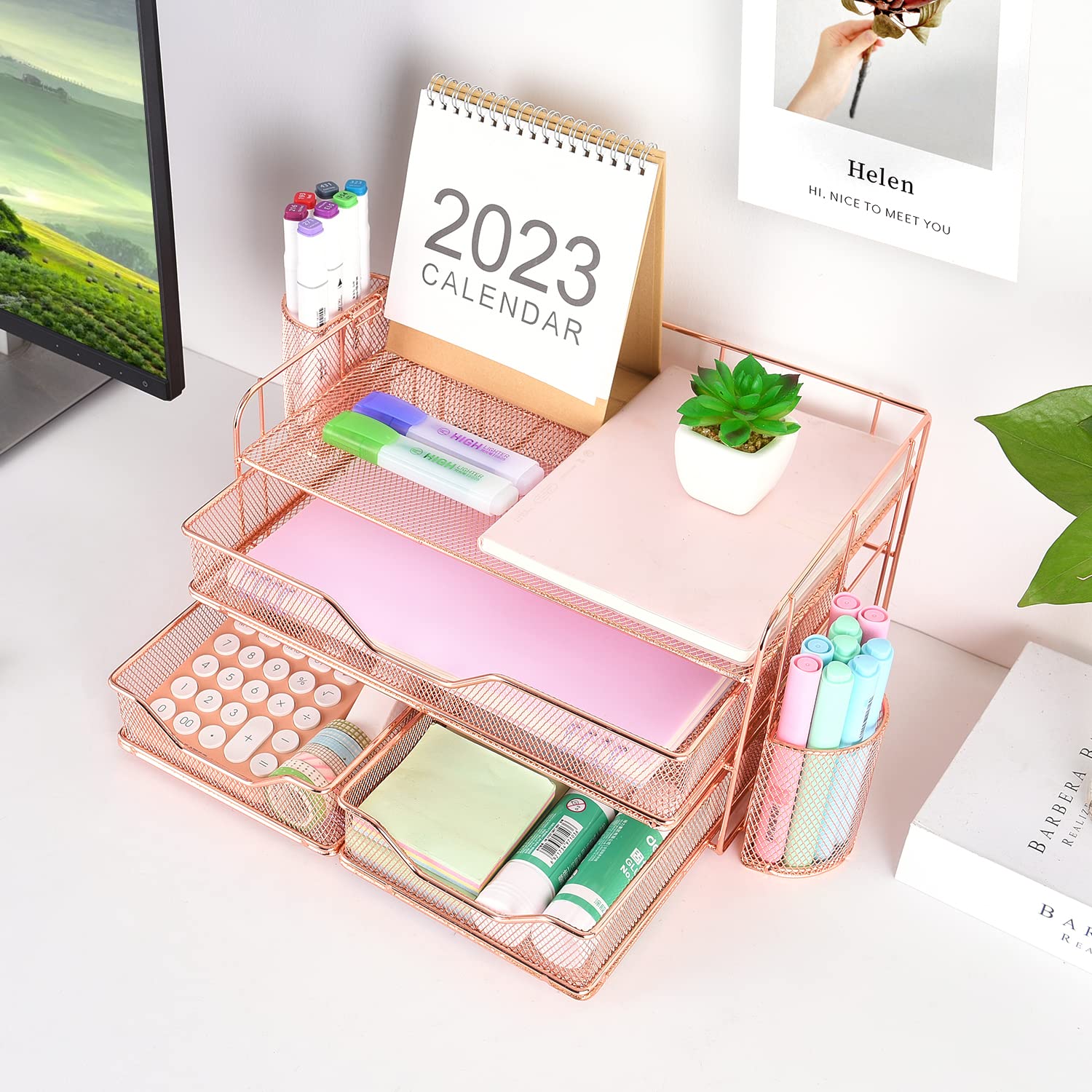 3 Tier Drawer Organizer with 2 Pen Holders - Rose Gold Office Desk Organizer for Home & Workspace | Perfect for Organizing Stationery, Makeup, Jewelry & Office Supplies