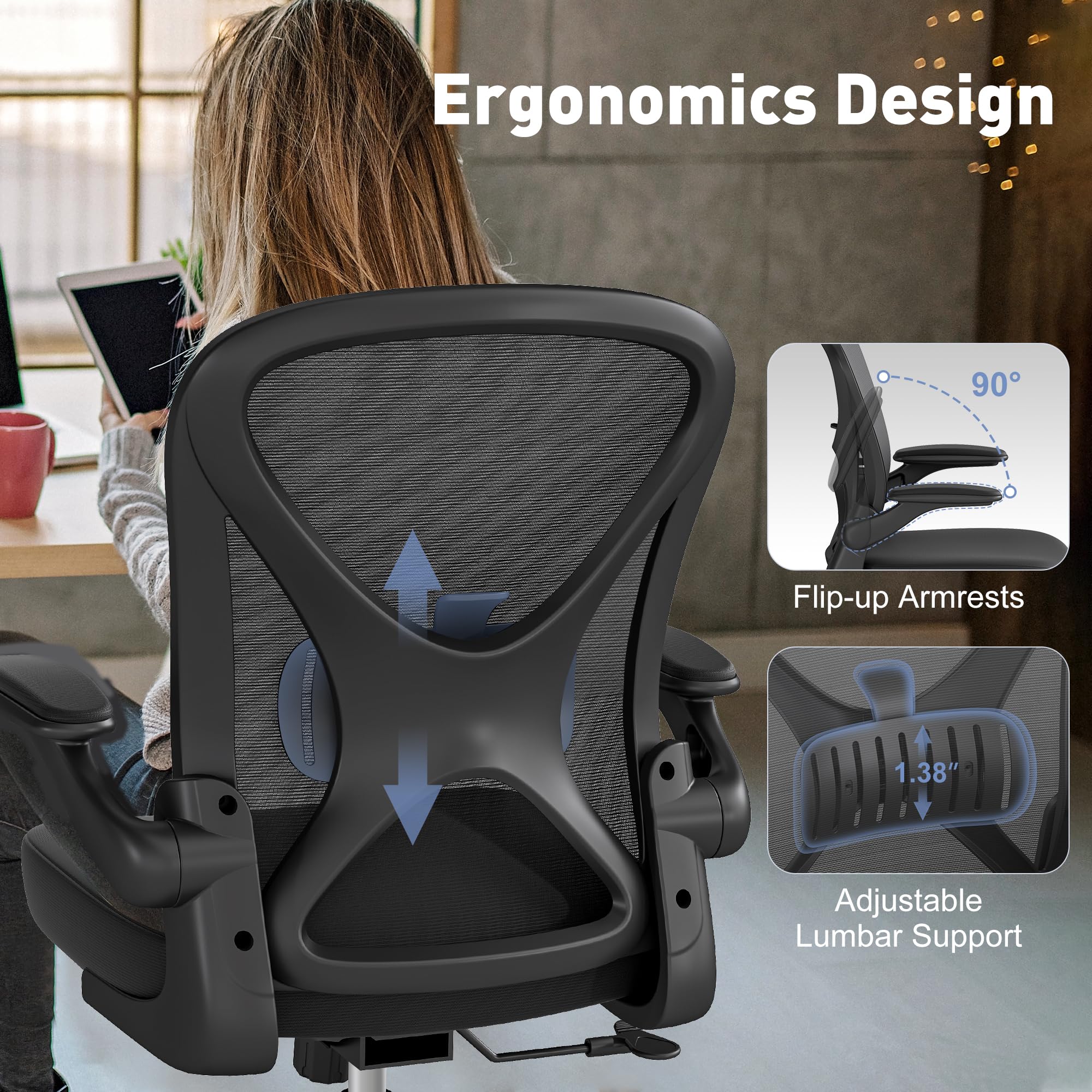 Ergonomic Mesh Office Chair with Adjustable Lumbar Support - Breathable Home Desk Chair with Wheels, Flip-Up Arms & Height Adjustment - Perfect for Home Office, Gaming & Workspace (Black)