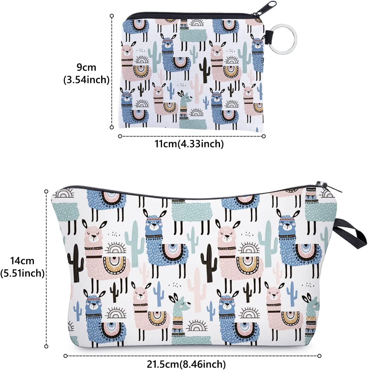 2 Pack Women's Travel Makeup Bag with Alpaca Print - Small Cosmetic Pouch for Toiletries, Party Essentials & On-the-Go Organization (Multicolor) - Perfect for Vacation, Gym, Work & Daily Use