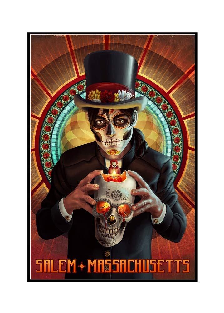 Salem Massachusetts Day of the Dead Art Print - 24x36 Framed Gallery Wrapped Canvas with Man and Candle Design - Perfect for Halloween Decor, Gothic Home Decor & Spooky Wall Art