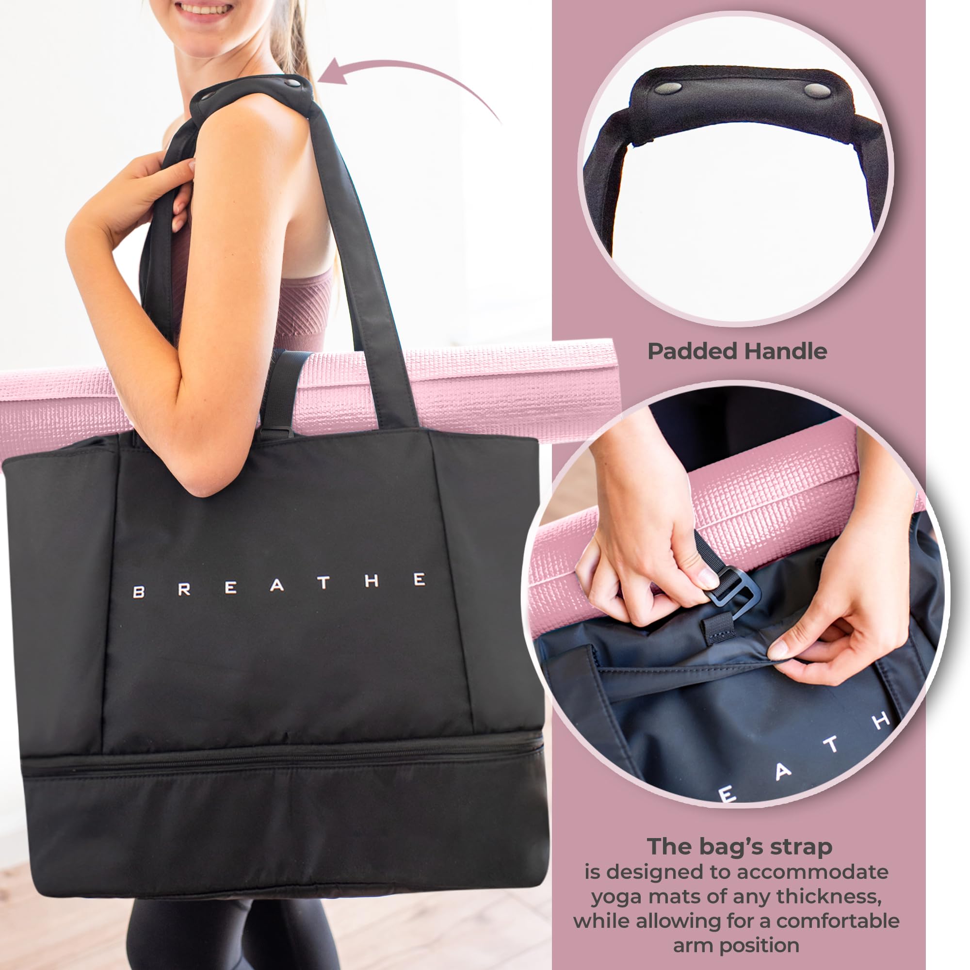 Large Waterproof Yoga Mat Bag for Women - Black Gym Bag with Yoga Mat Holder Strap & Shoe Compartment - Hot Yoga Travel Bag for Mat and Block - Perfect for Yoga Classes, Gym Workouts & Travel Organization