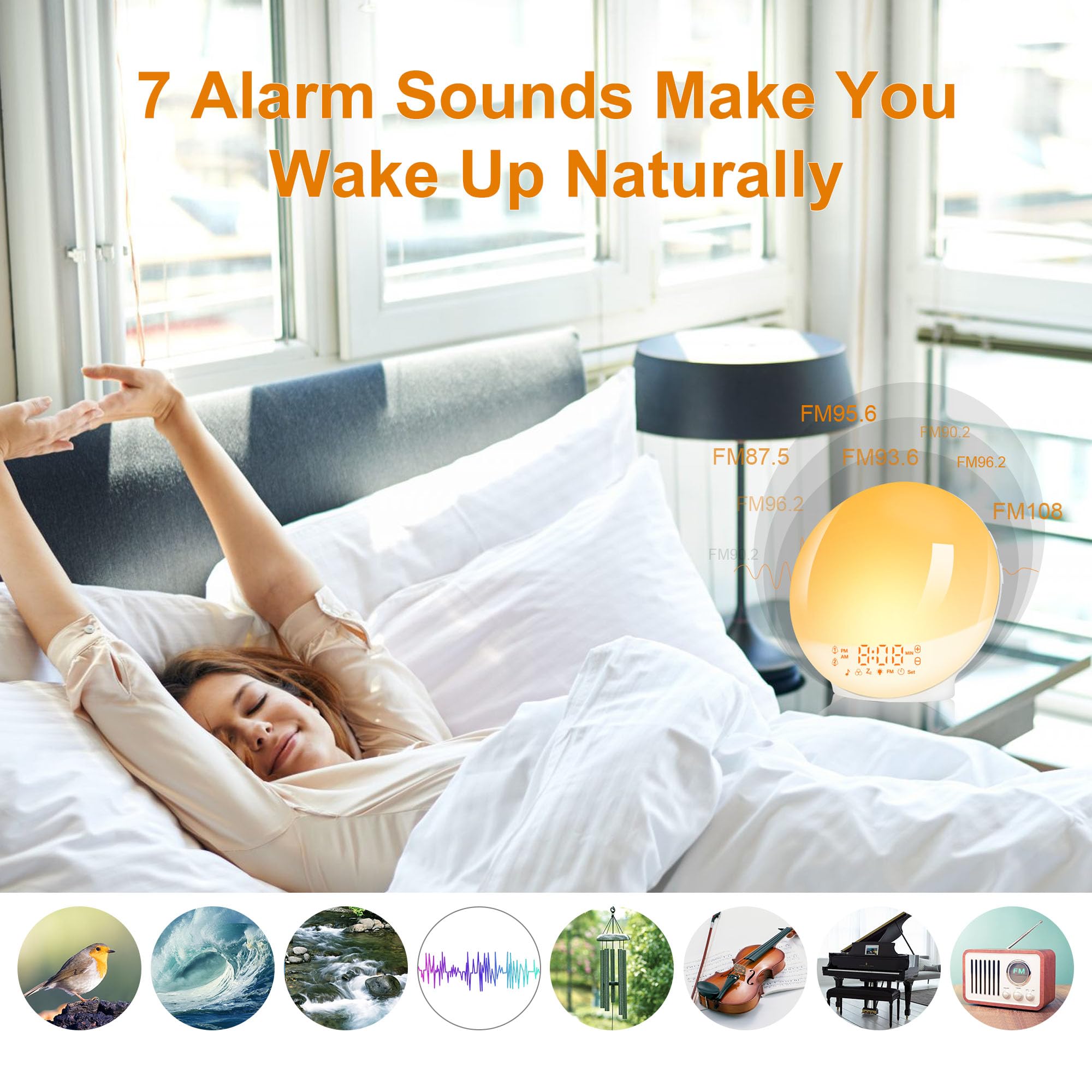 Sunrise Alarm Clock with Wake Up Light - Sunrise/Sunset Simulation, Dual Alarms, FM Radio & 7 Natural Sounds | 11 Color Changing Night Light for Bedroom, Snooze Function (White) - Perfect for Gentle Morning Wake-Ups & Relaxing Nighttime Ambience