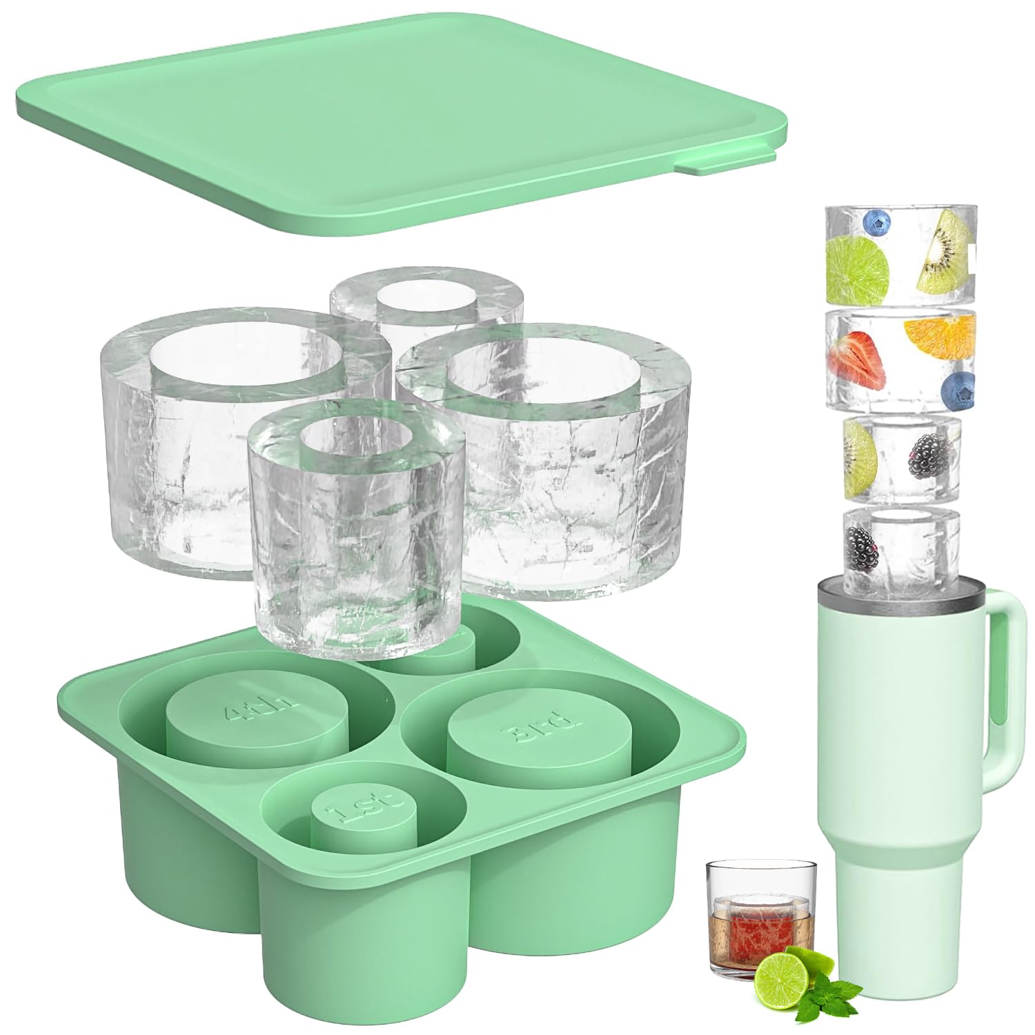 Stanley Cup Ice Molds - 4 Pack Silicone Hollow Cylinder Ice Cube Trays for 20oz 30oz 40oz Tumblers with Lid & Storage Bin | Perfect for Freezer, Iced Coffee, Cocktails, Whiskey & Cold Drinks (Green)