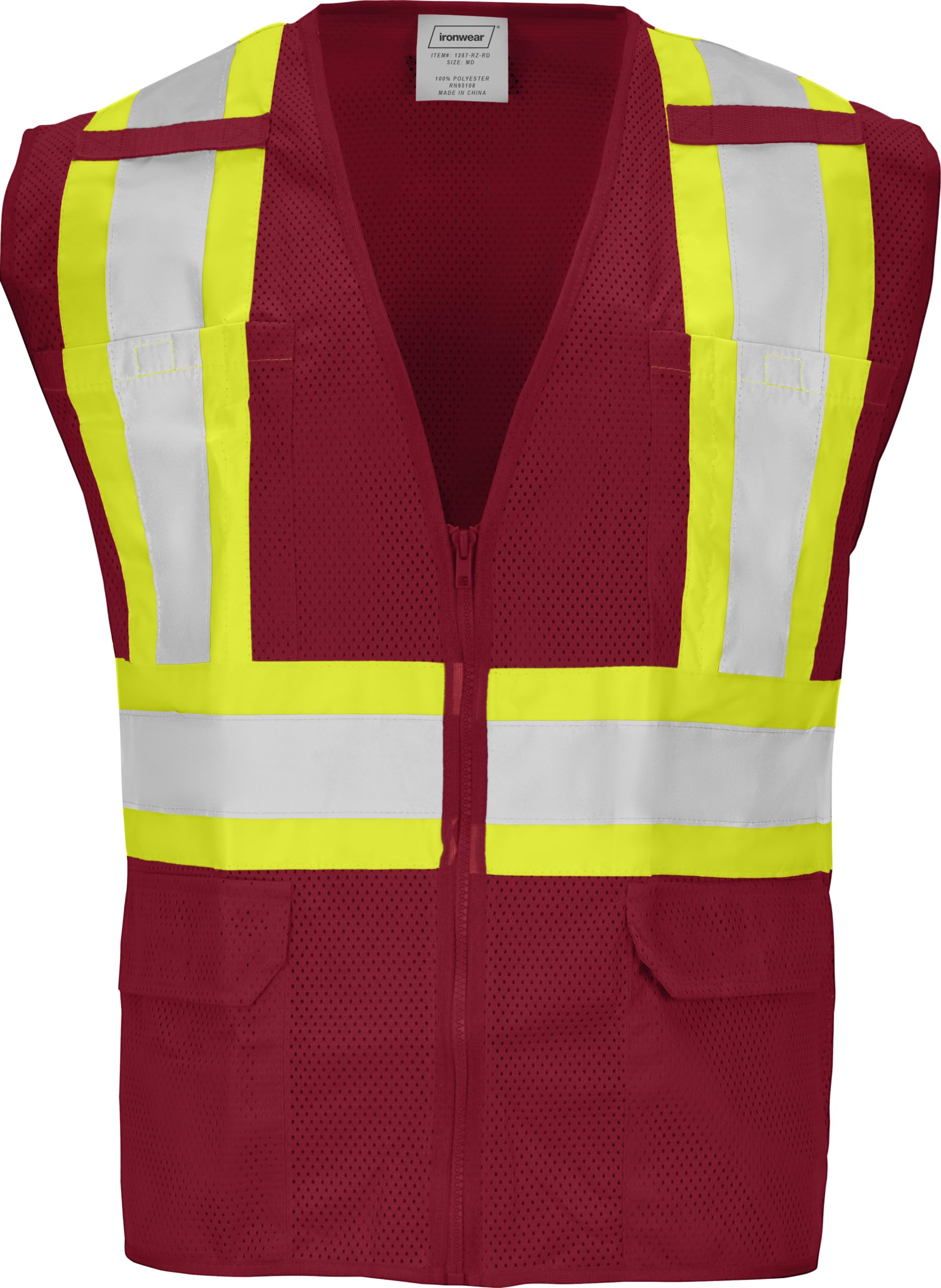 Ironwear 1287 Standard Polyester Mesh Safety Vest with Zipper & Radio Clips - High Visibility Reflective Work Vest for Construction, Road Crew & Outdoor Safety (Orange, Size L)