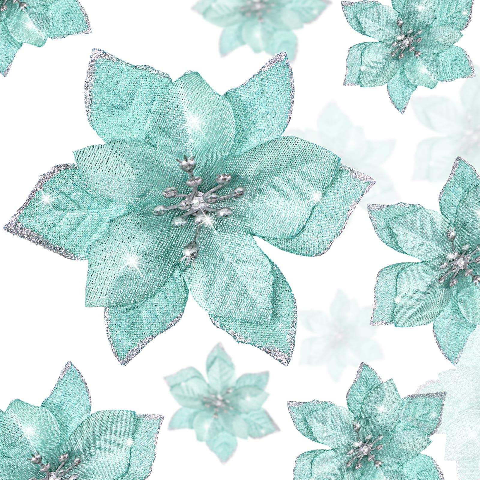 24-Piece Christmas Glitter Poinsettia Flowers Set - 3 Sizes (3.2/4/6 Inches) Blue & Green Artificial Flowers for Wedding Decor, Christmas Tree Ornaments, Outdoor Holiday Decorations - Perfect for Home, Party, and Festive Season Decoration